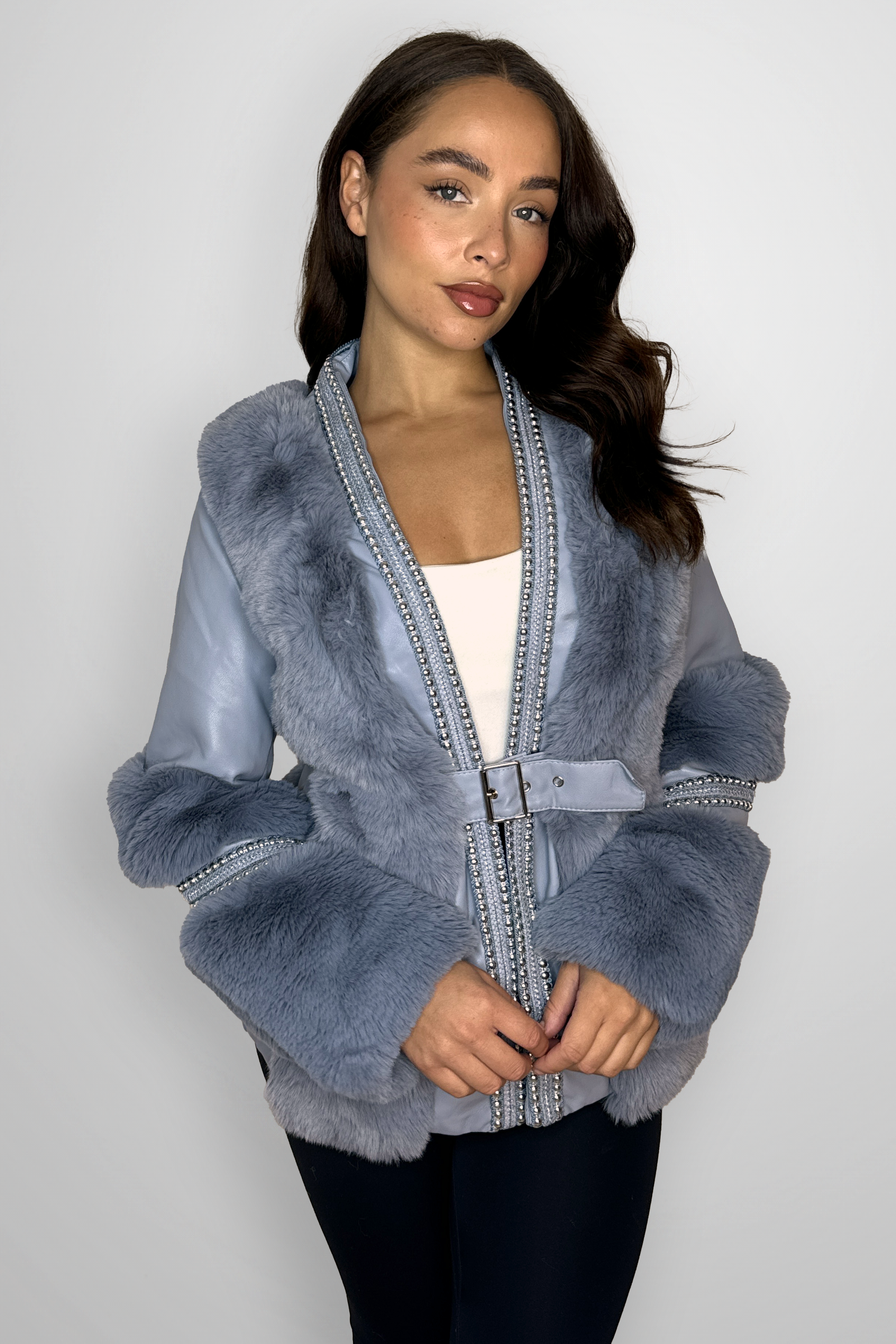 Vegan Leather With Fur Trim Luxurious Beaded Detail Open Belted Jacket