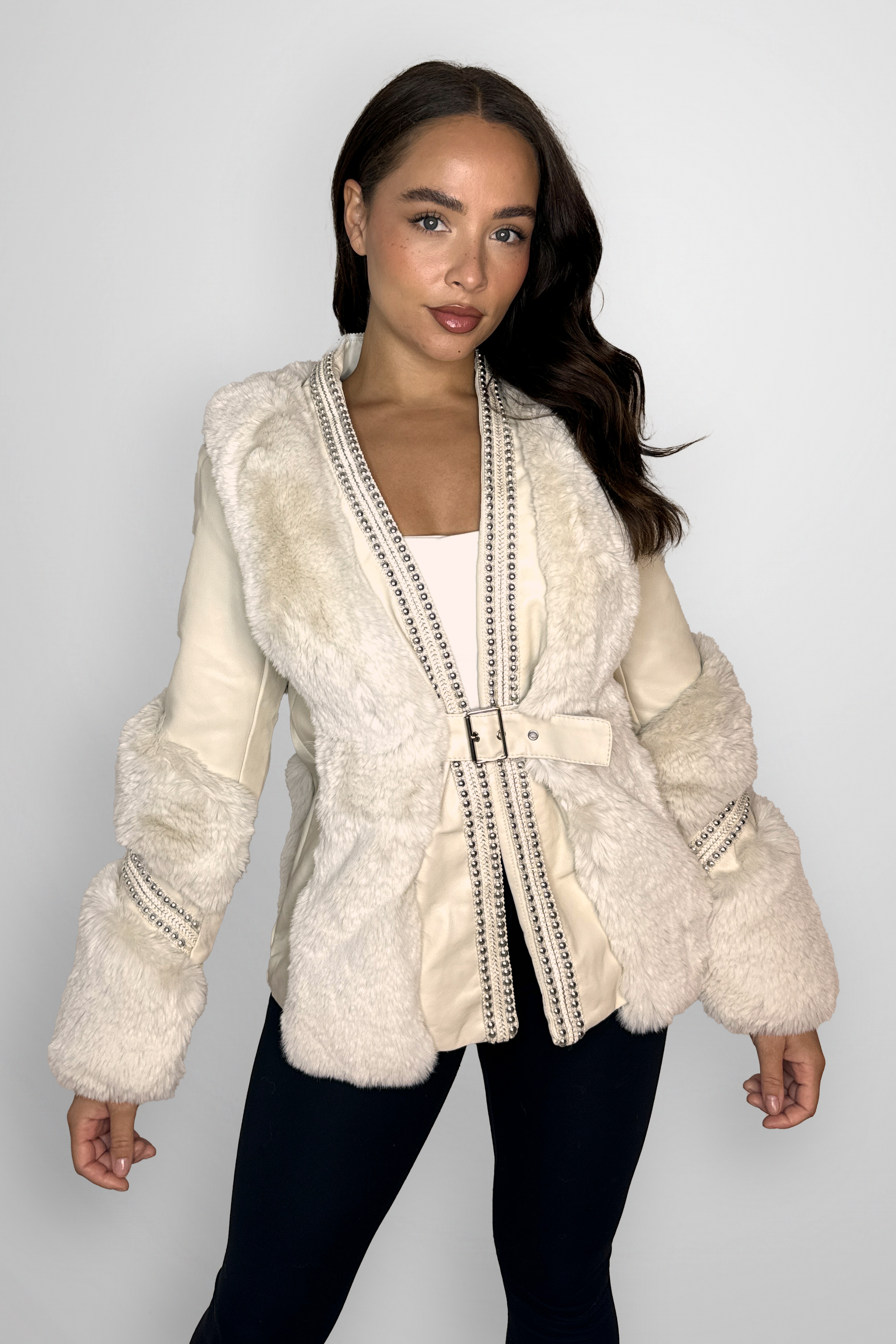 Vegan Leather With Fur Trim Luxurious Beaded Detail Open Belted Jacket