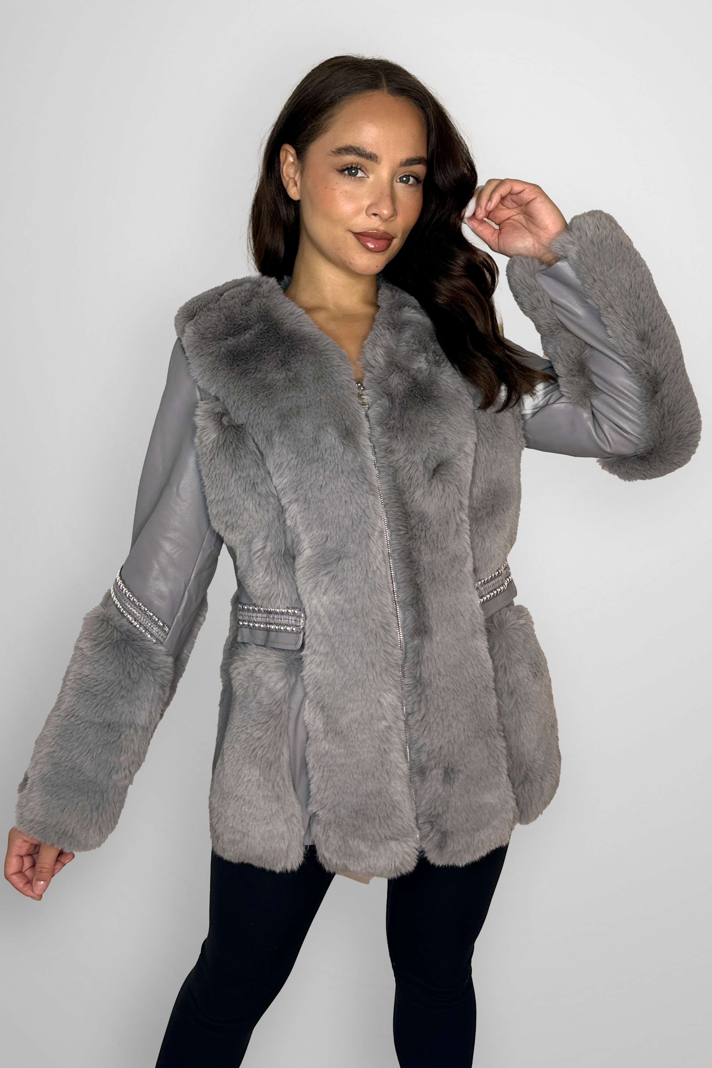 Vegan Fur With Leather Panel Luxurious Beaded Trim Elegant Jacket