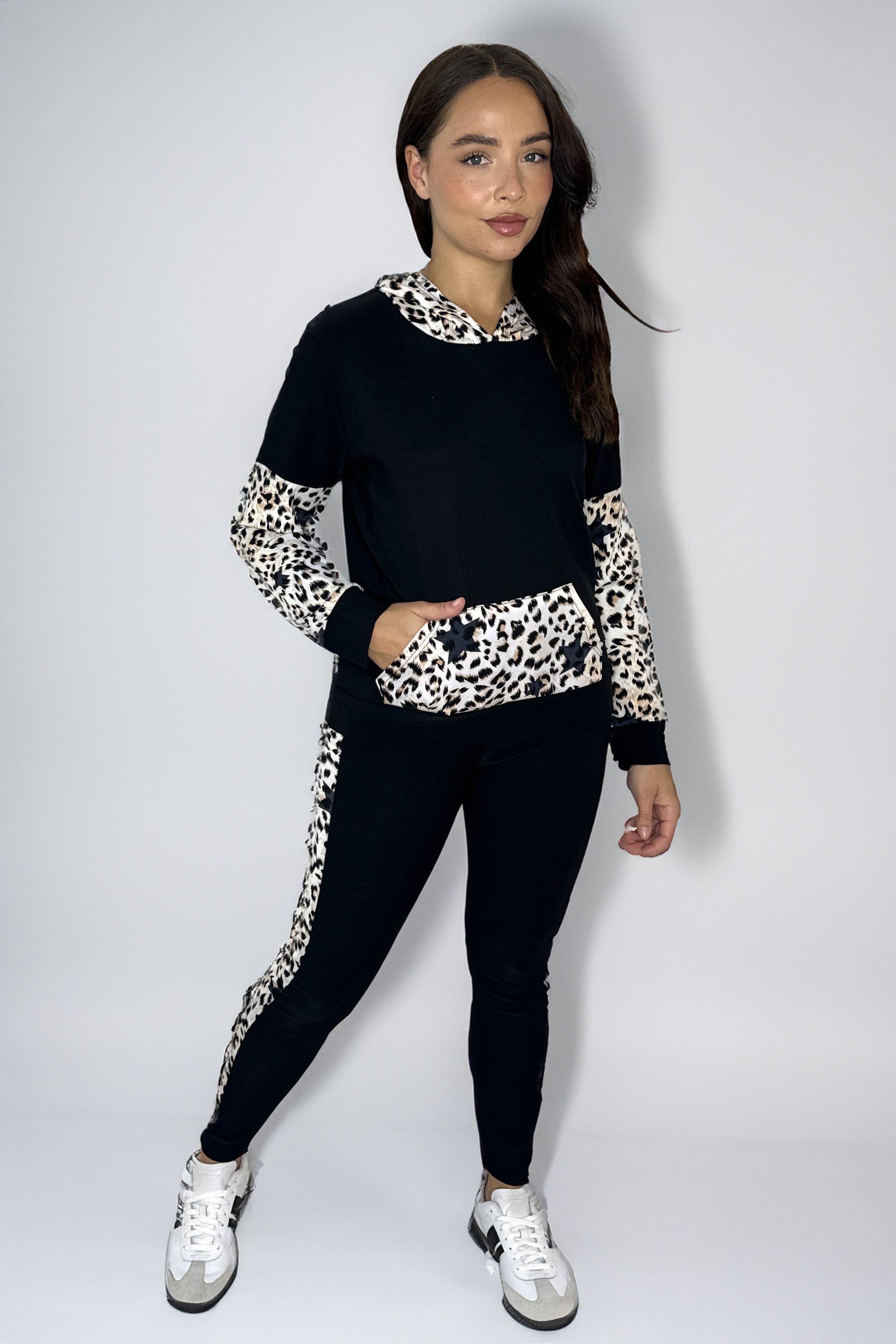 Leopard Print Colour Block Hooded Loungewear Set