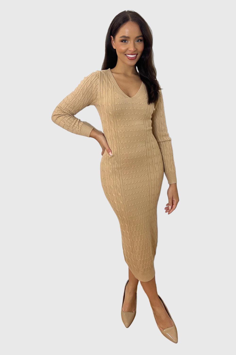 Shirred Knit Deep V-Neck Midi Knitted Dress