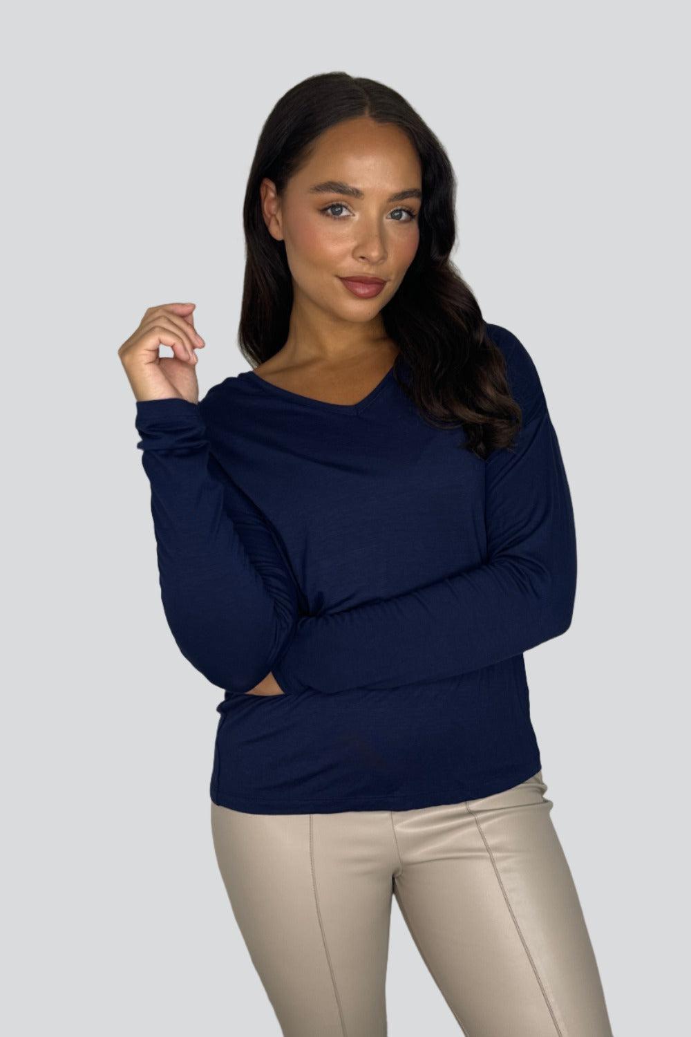 Relaxed Fit Low Cut Navy Viscose Long Sleeve Top-SinglePrice