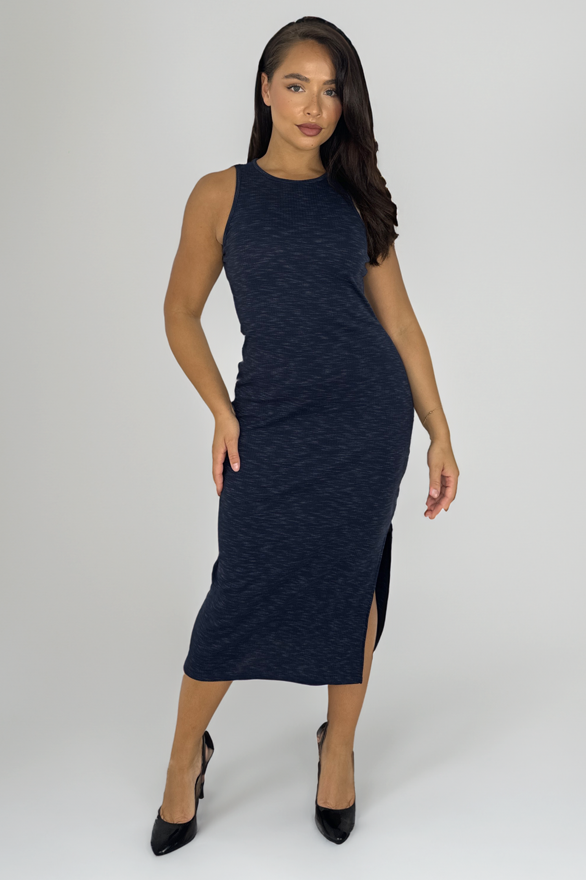 Ribbed Cotton Blend Side Slit Basic Maxi Dress