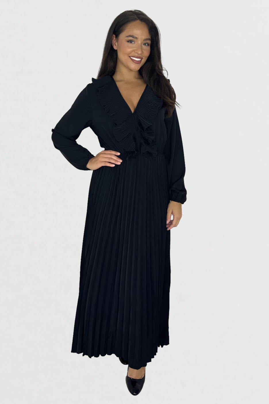 Long Sleeve Low Cut Elasticated Waist  Plisse Long Dress