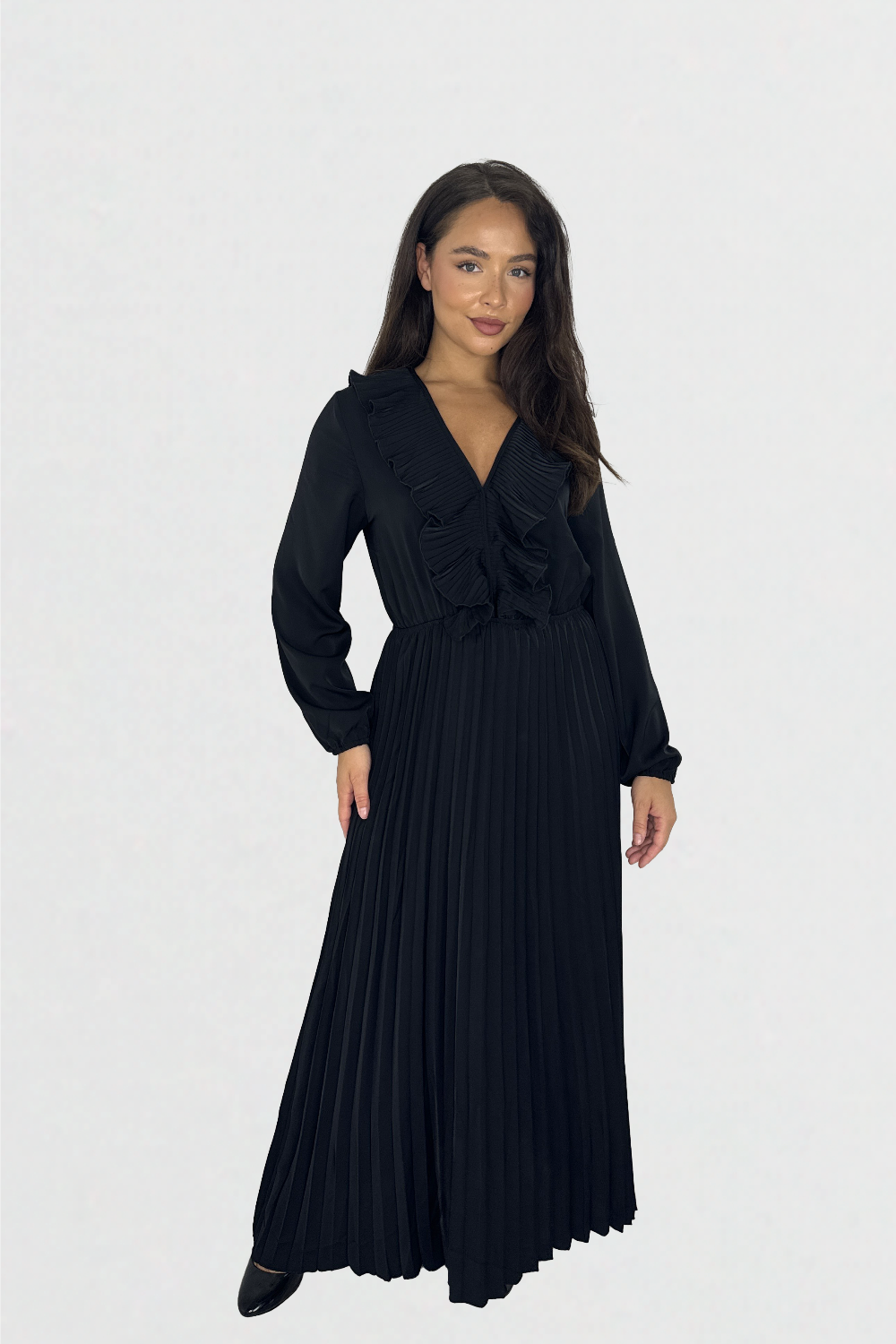 Long Sleeve Low Cut Elasticated Waist  Plisse Long Dress