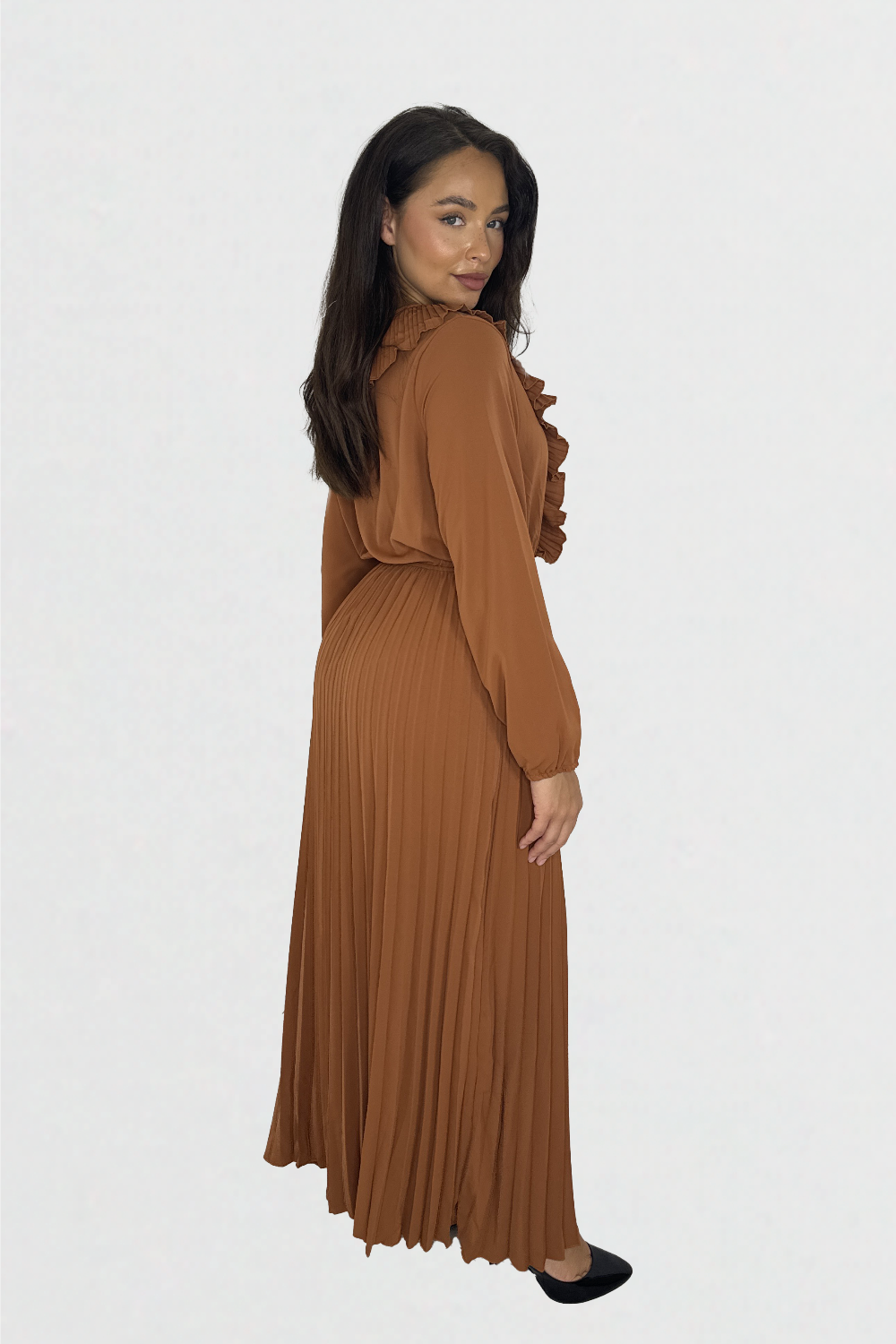 Long Sleeve Low Cut Elasticated Waist  Plisse Long Dress