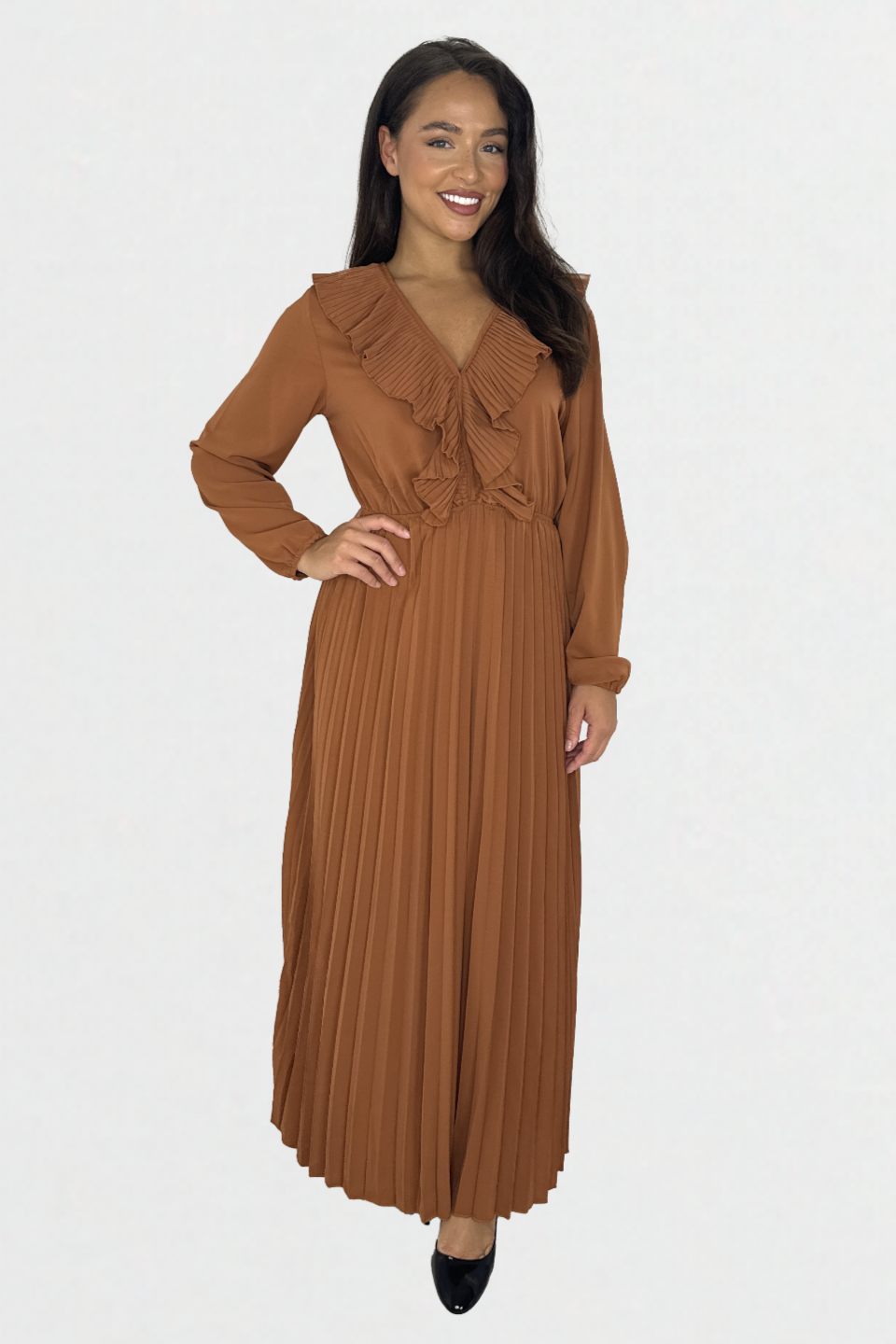 Long Sleeve Low Cut Elasticated Waist  Plisse Long Dress