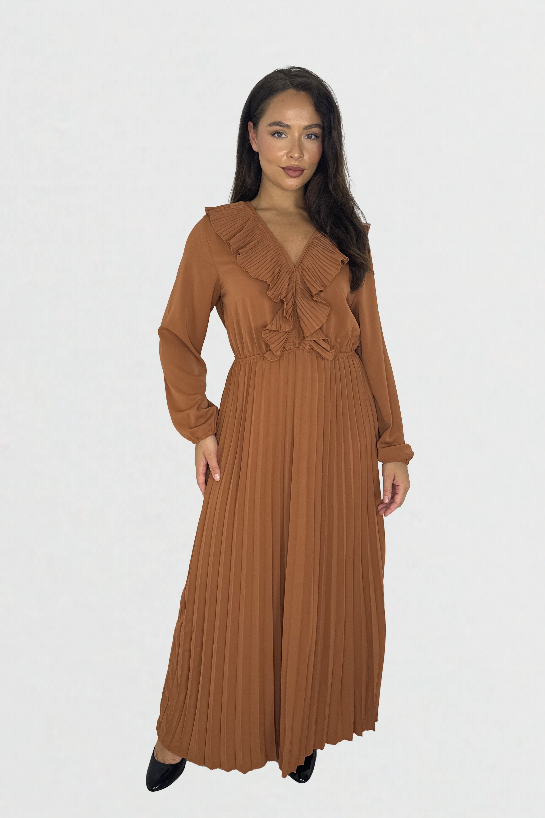 Long Sleeve Low Cut Elasticated Waist  Plisse Long Dress