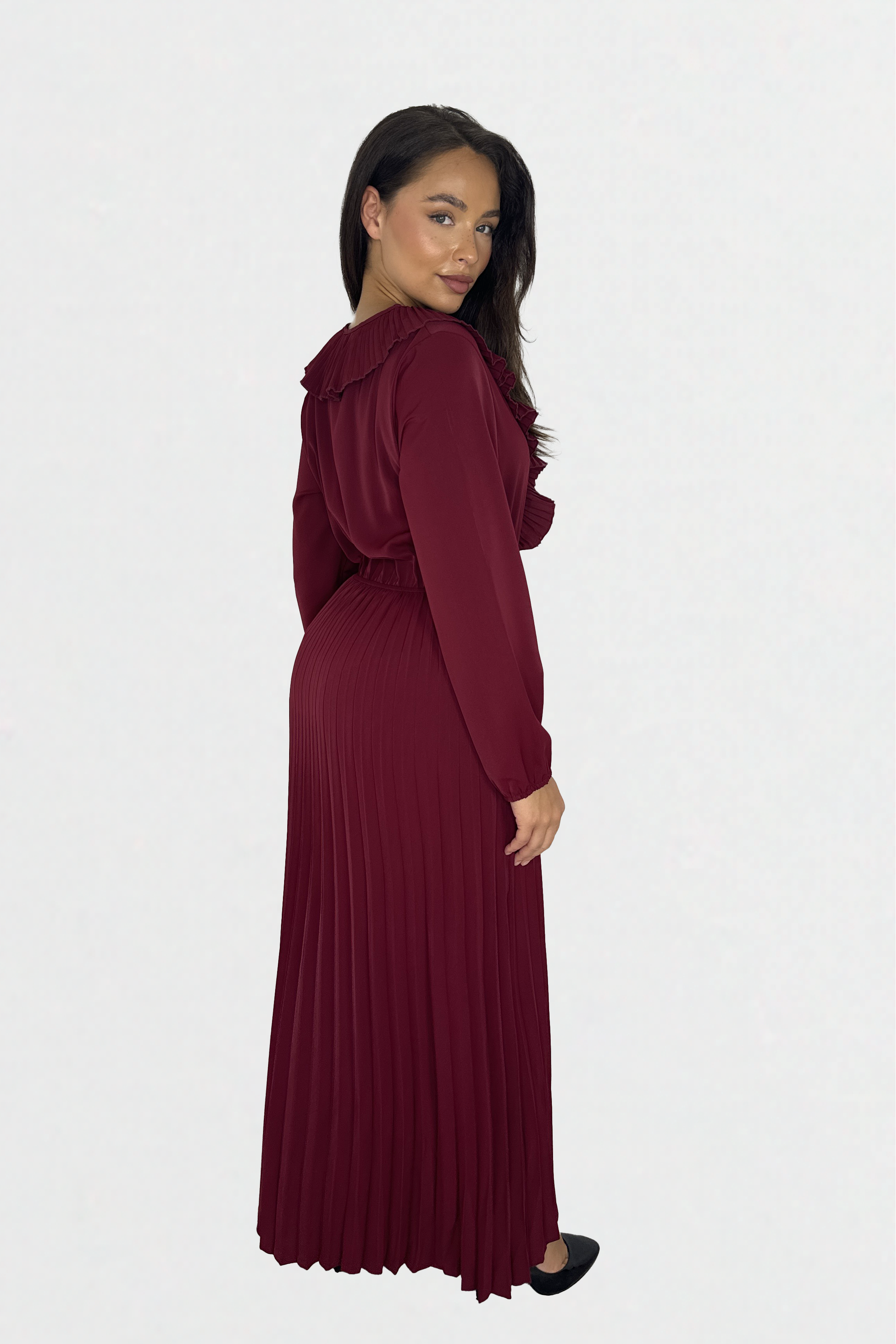 Long Sleeve Low Cut Elasticated Waist  Plisse Long Dress