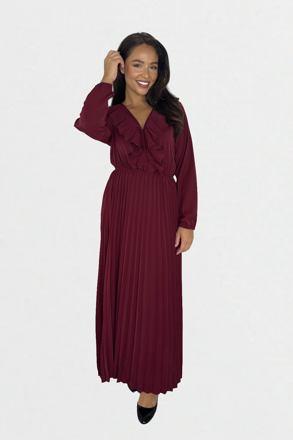 Long Sleeve Low Cut Elasticated Waist  Plisse Long Dress