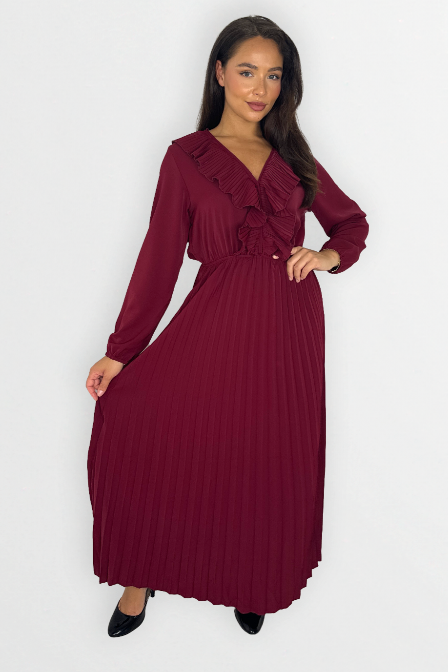 Long Sleeve Low Cut Elasticated Waist  Plisse Long Dress