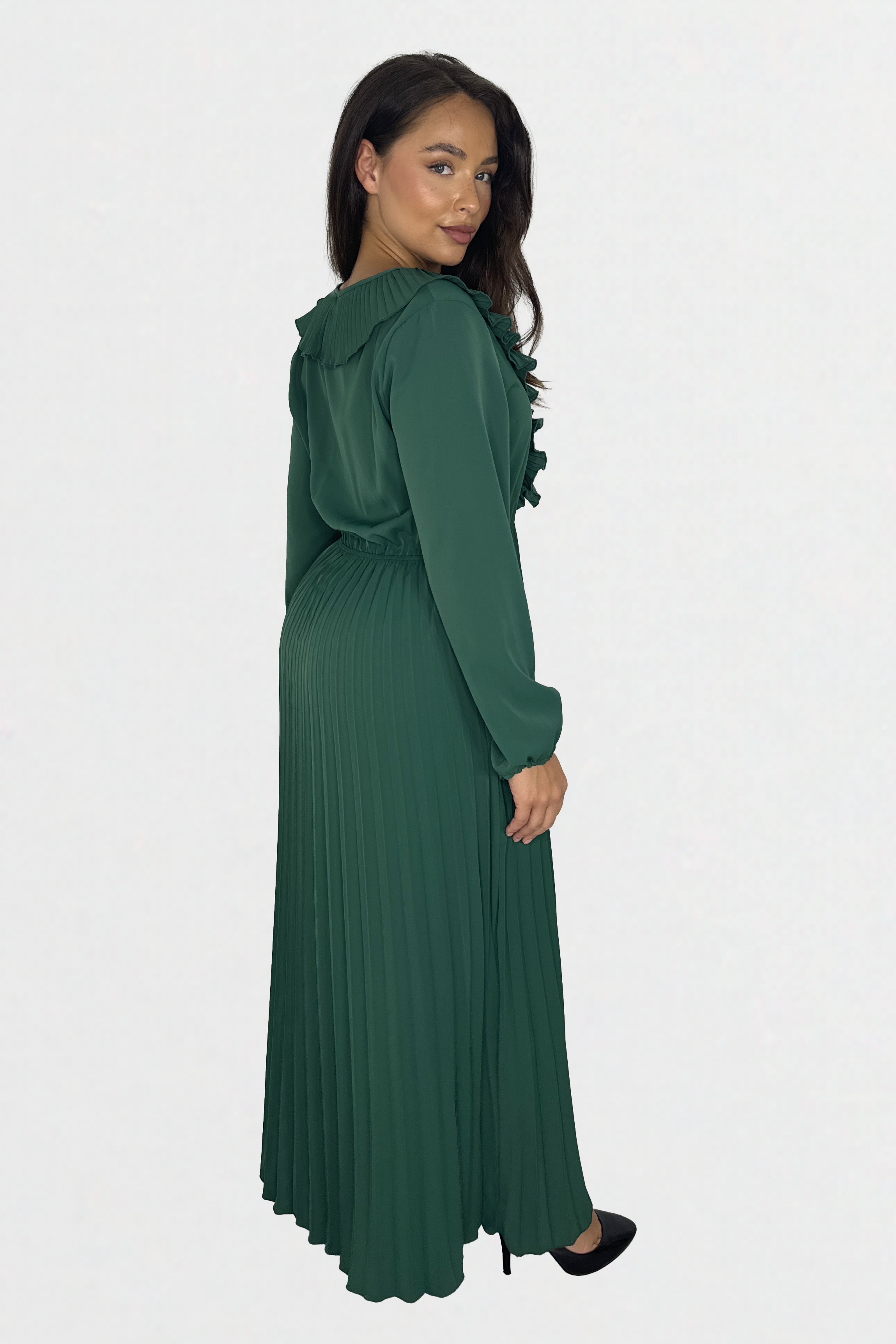 Long Sleeve Low Cut Elasticated Waist  Plisse Long Dress