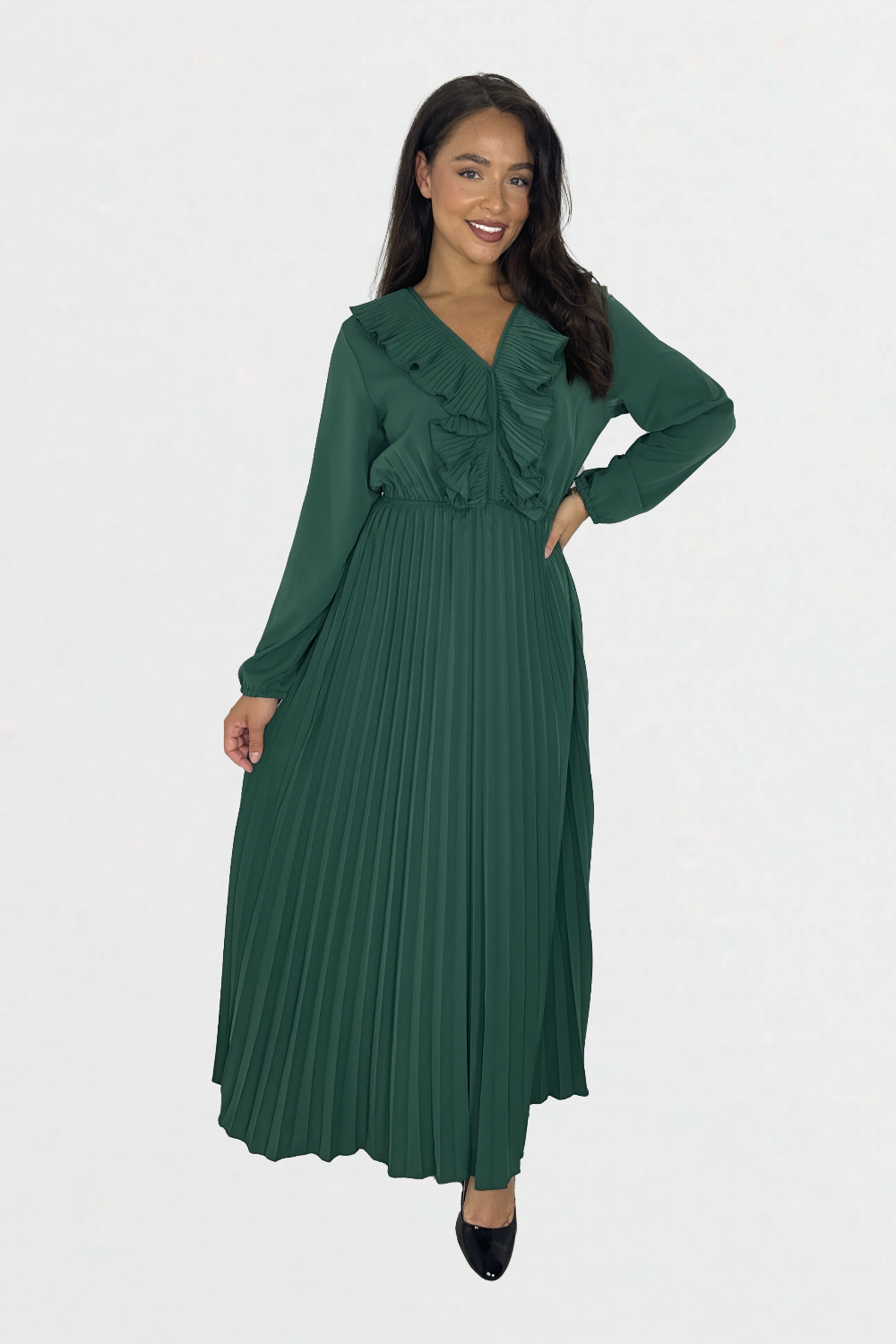 Long Sleeve Low Cut Elasticated Waist  Plisse Long Dress