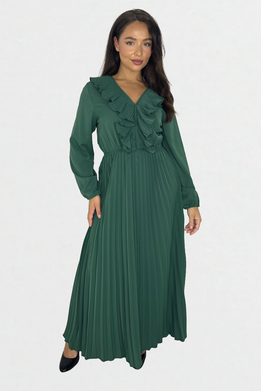 Long Sleeve Low Cut Elasticated Waist  Plisse Long Dress