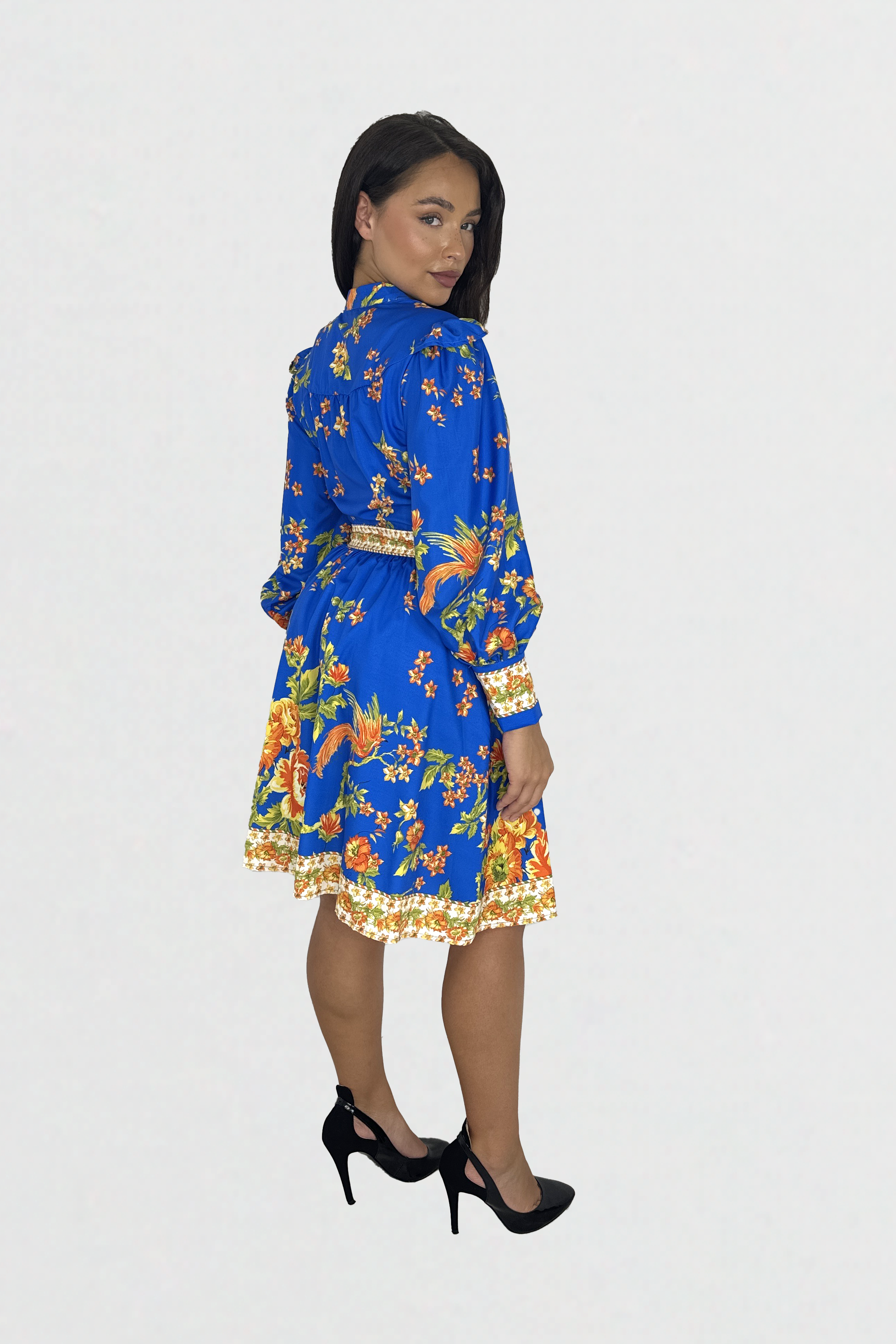 Vibrant Print Button Down Cinched Waist A-Line Midi Dress