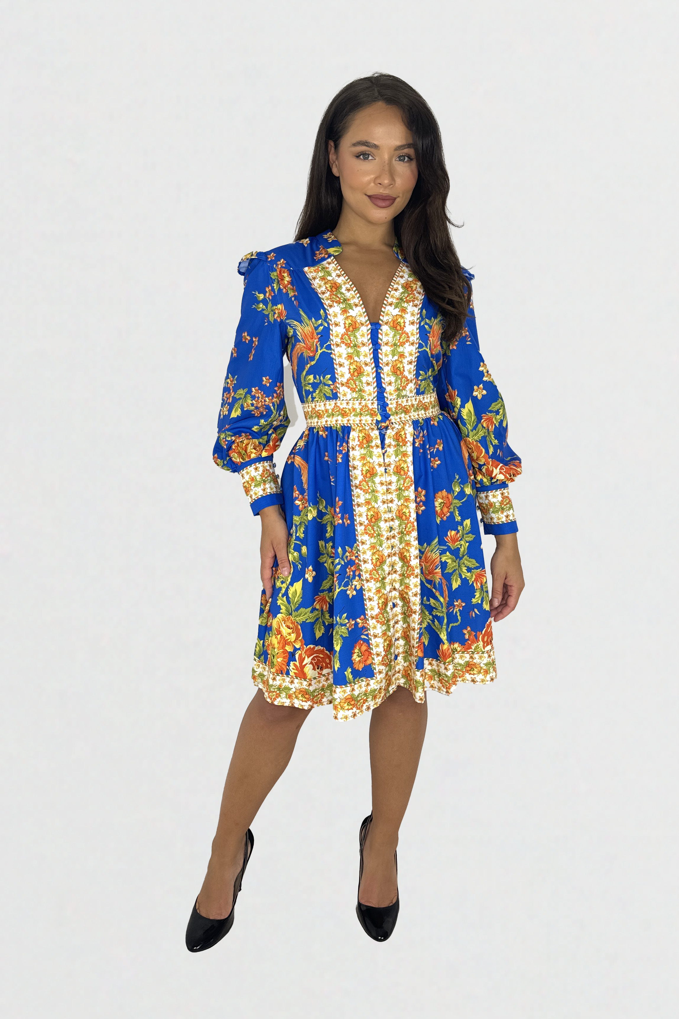 Vibrant Print Button Down Cinched Waist A-Line Midi Dress