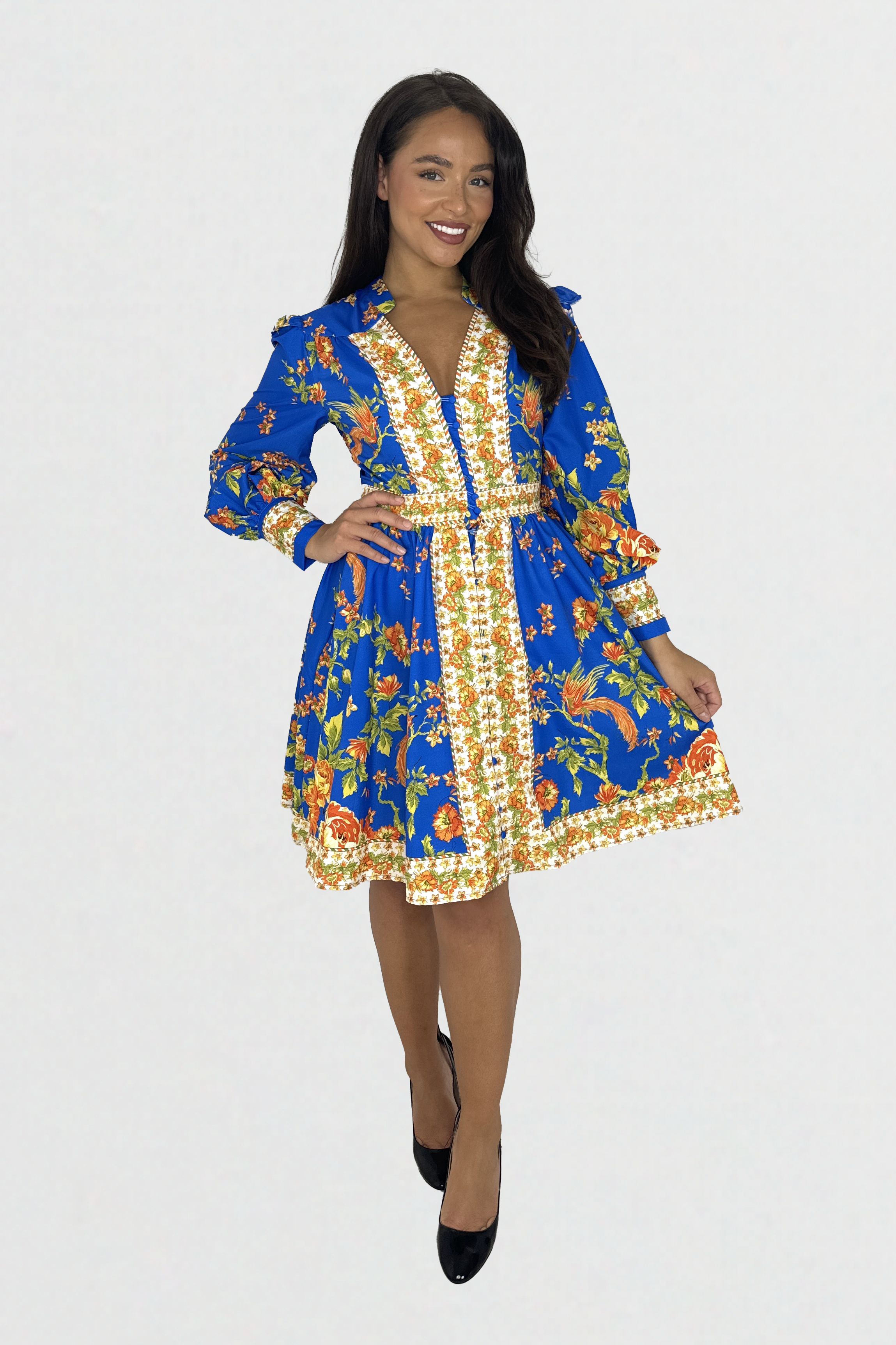 Vibrant Print Button Down Cinched Waist A-Line Midi Dress