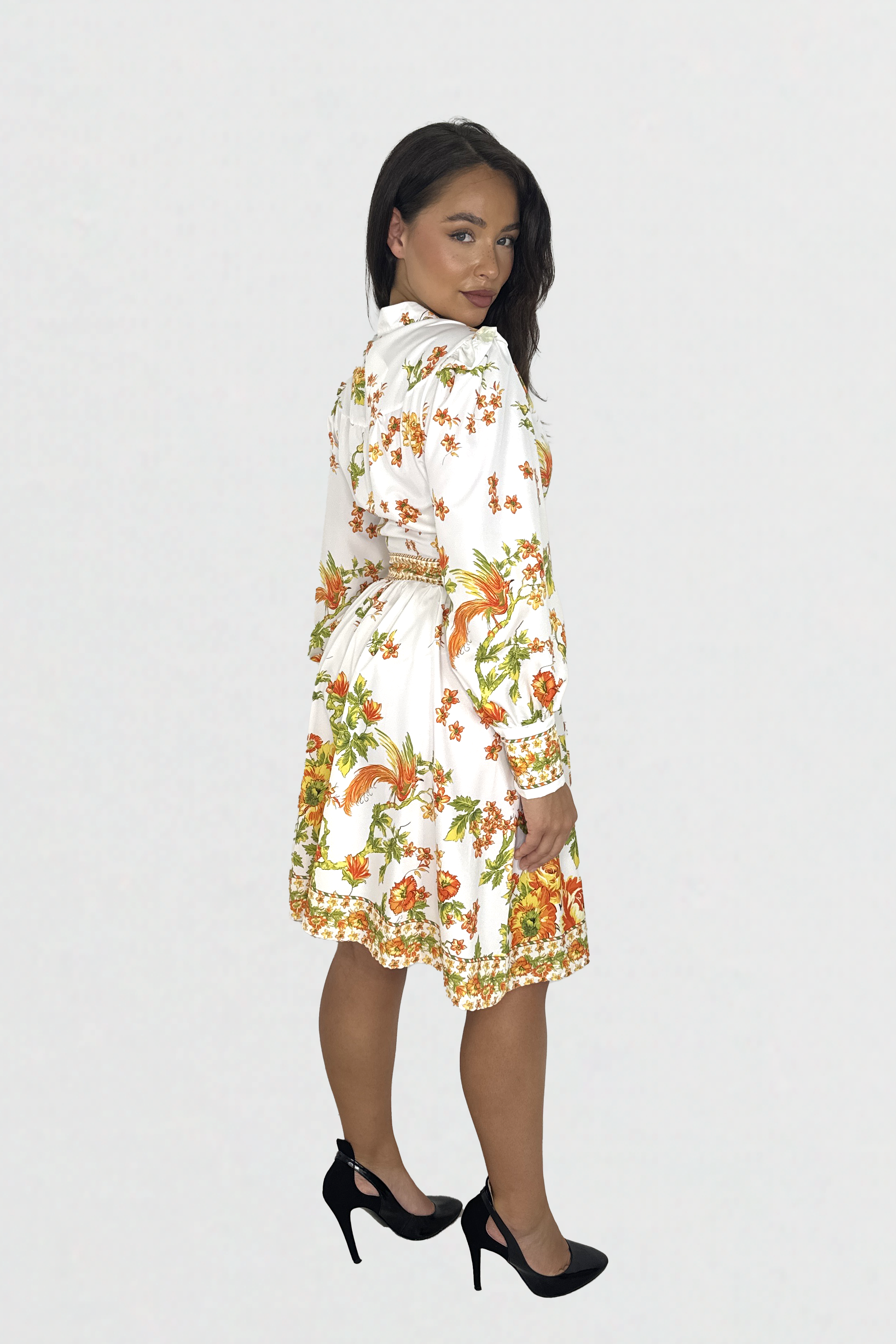 Vibrant Print Button Down Cinched Waist A-Line Midi Dress