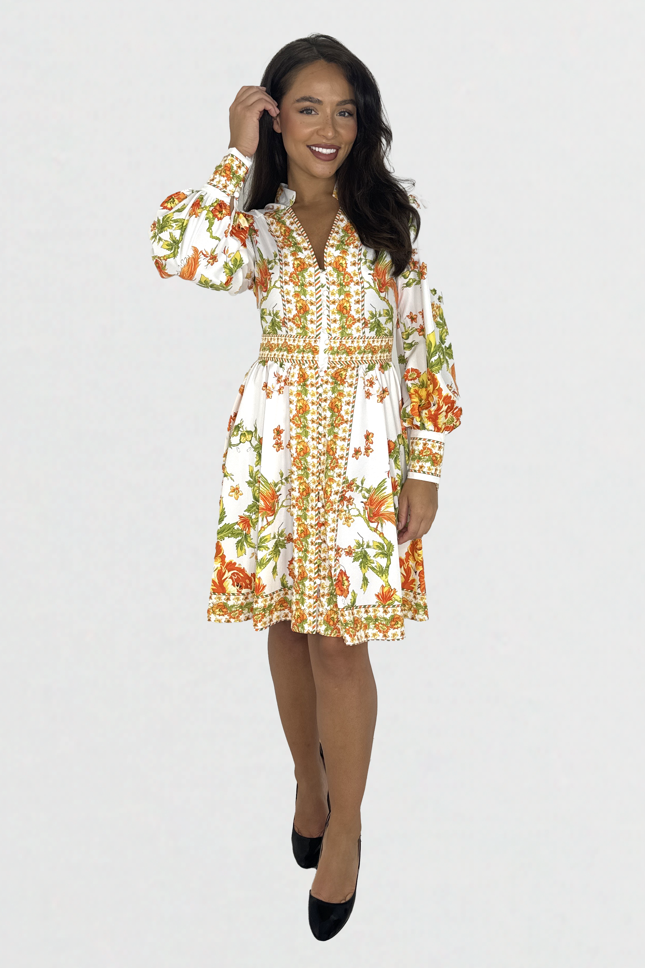 Vibrant Print Button Down Cinched Waist A-Line Midi Dress