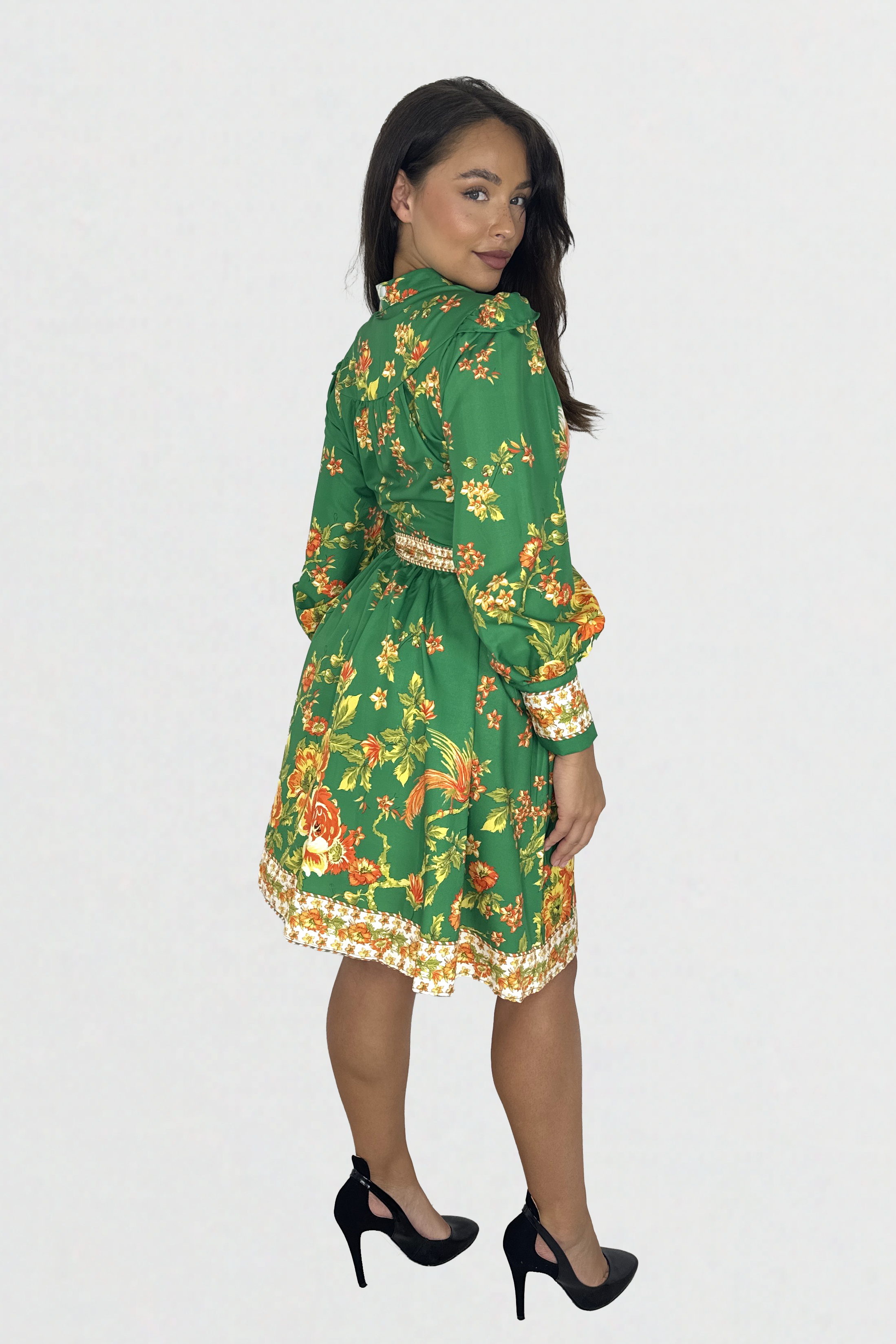 Vibrant Print Button Down Cinched Waist A-Line Midi Dress