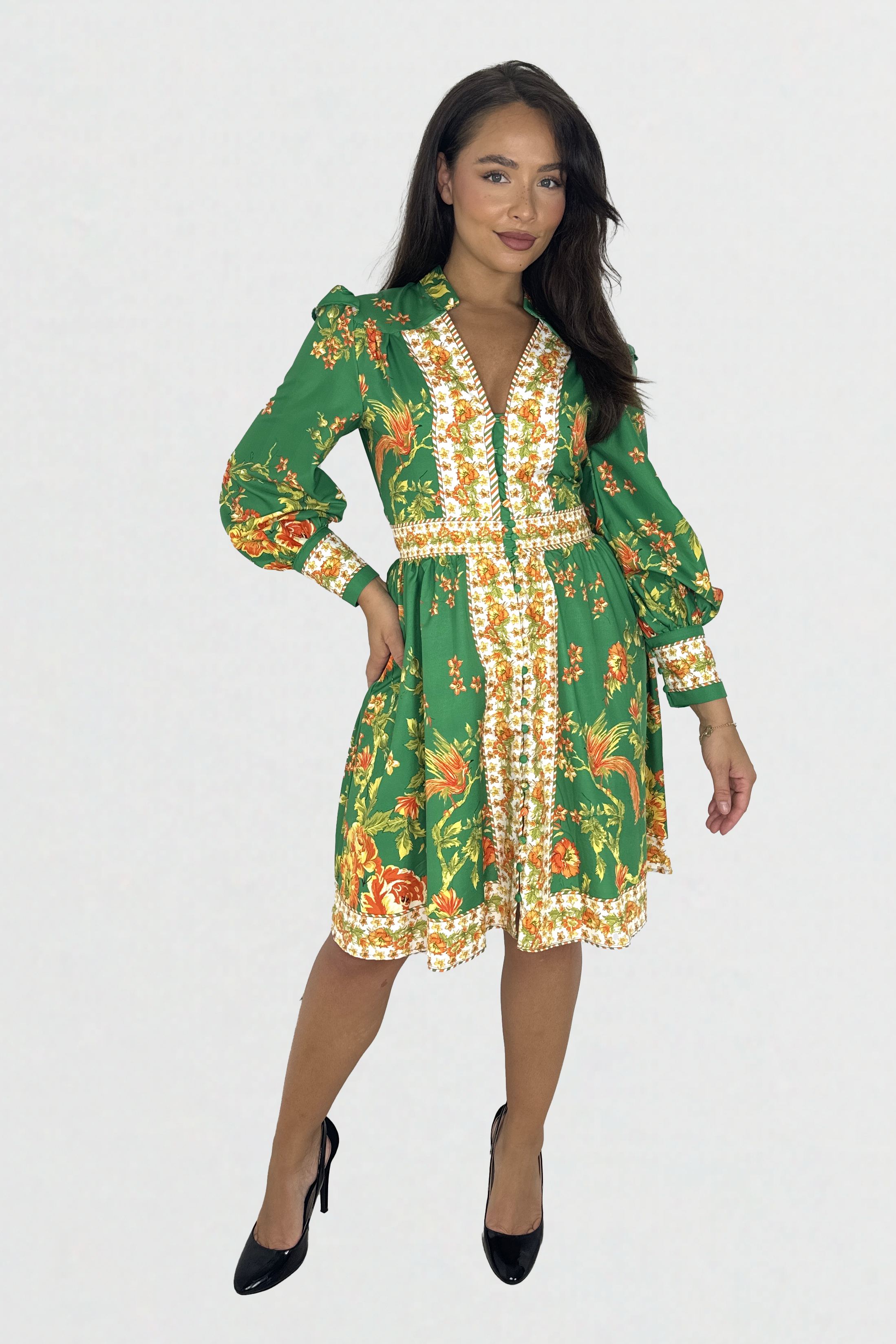 Vibrant Print Button Down Cinched Waist A-Line Midi Dress