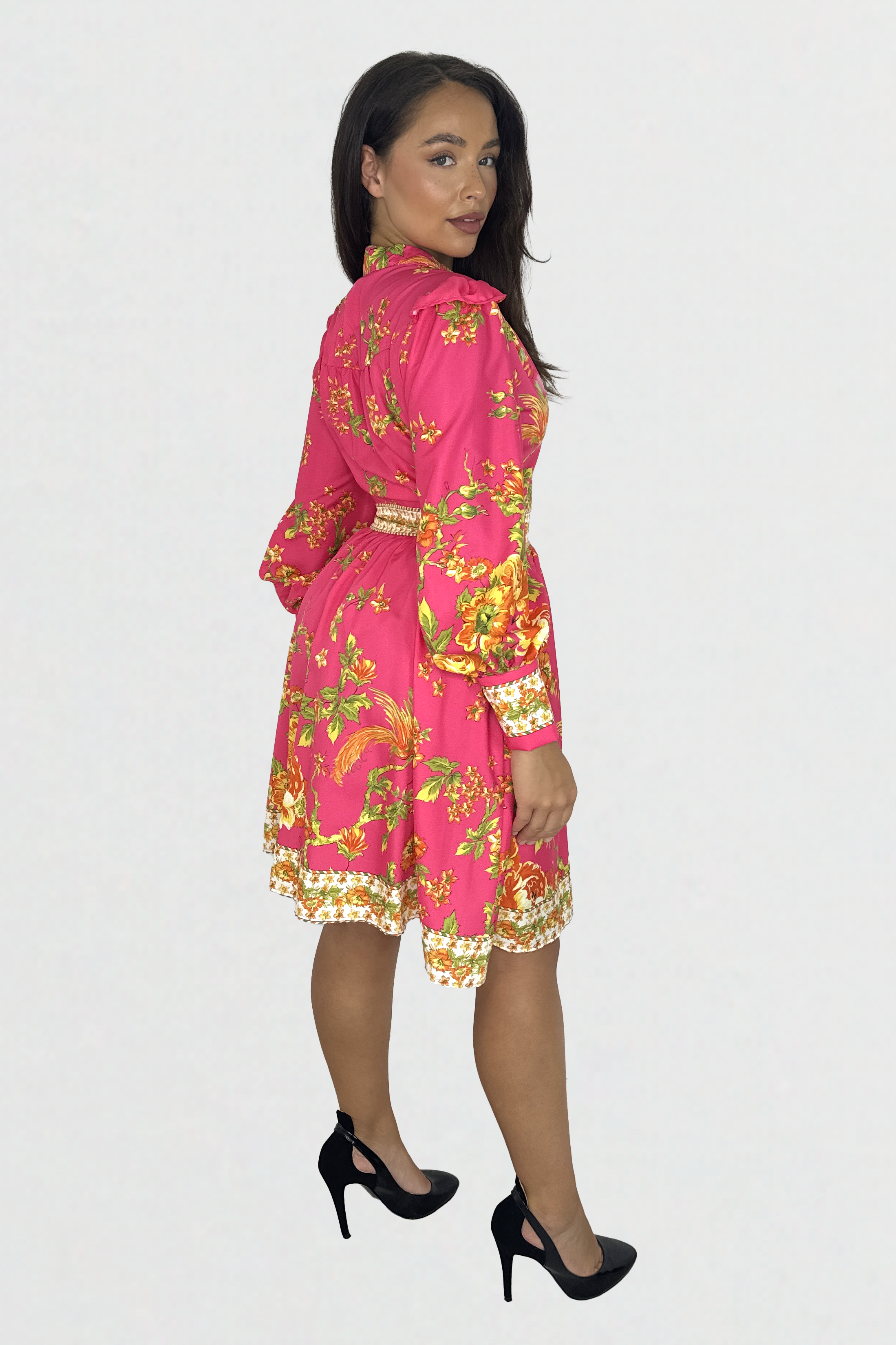 Vibrant Print Button Down Cinched Waist A-Line Midi Dress