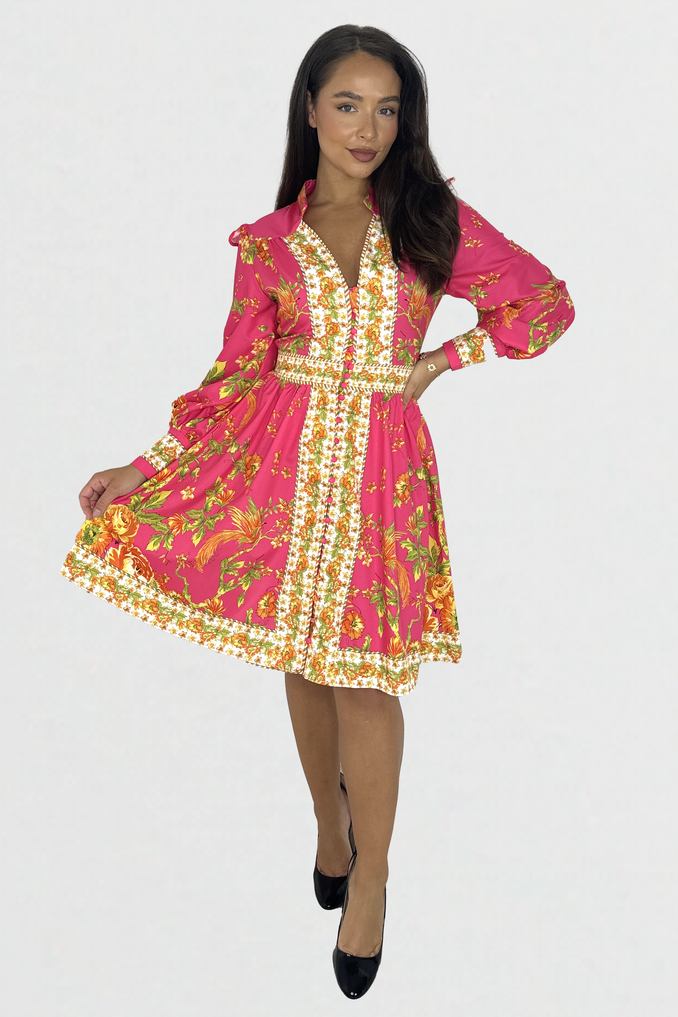 Vibrant Print Button Down Cinched Waist A-Line Midi Dress