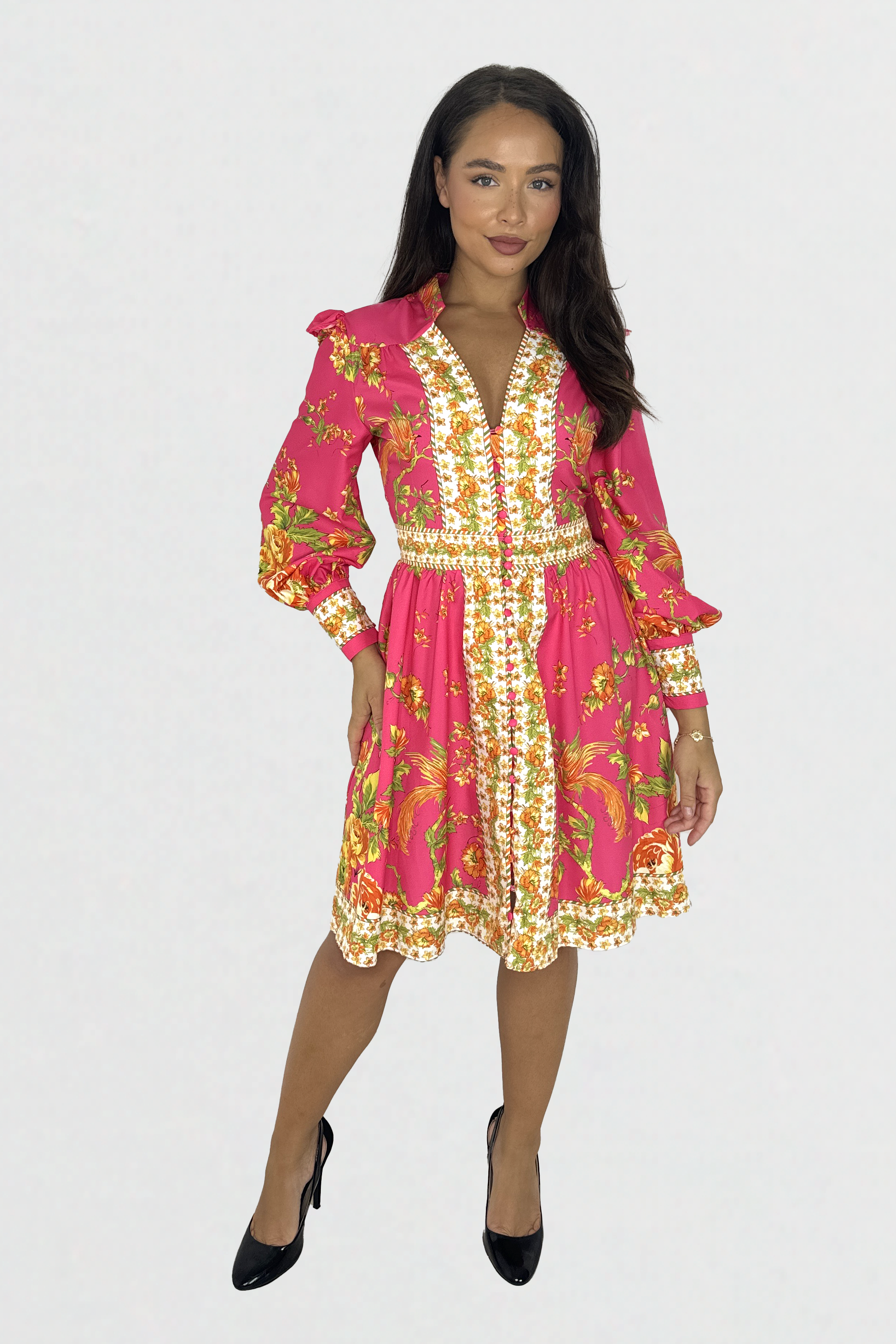 Vibrant Print Button Down Cinched Waist A-Line Midi Dress