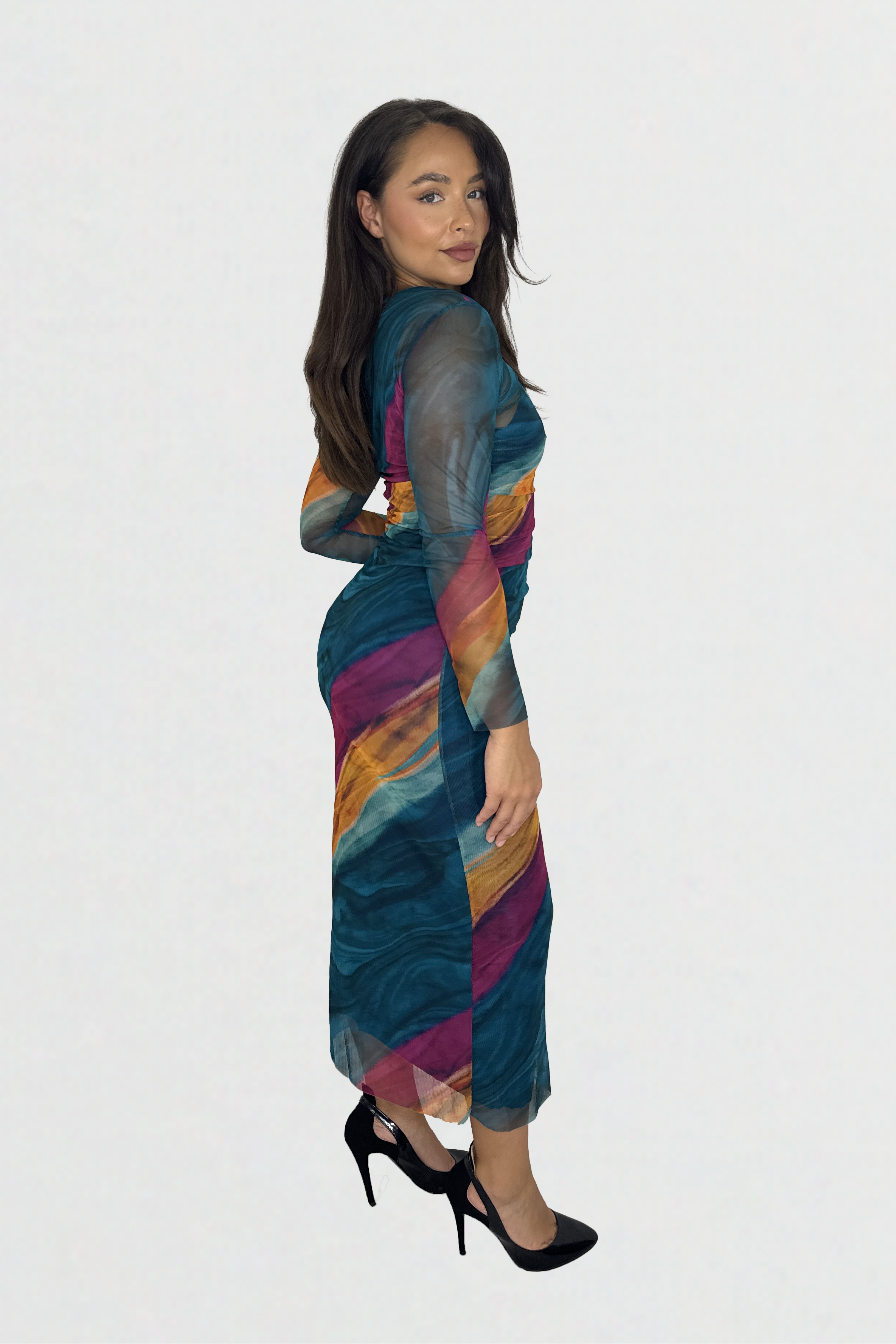 Multicolour  Tie Dye Ruched Mesh Long Dress