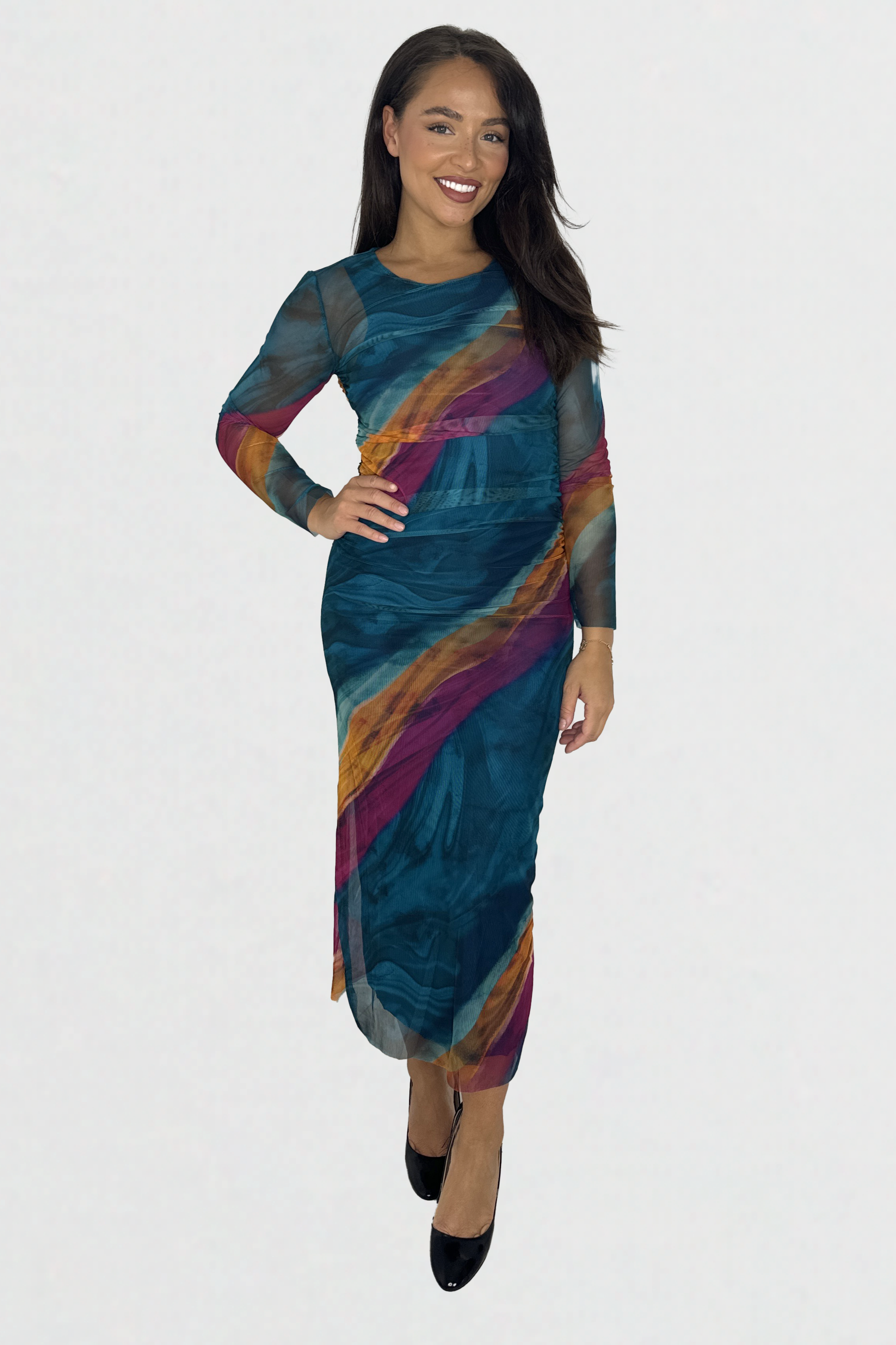 Multicolour  Tie Dye Ruched Mesh Long Dress