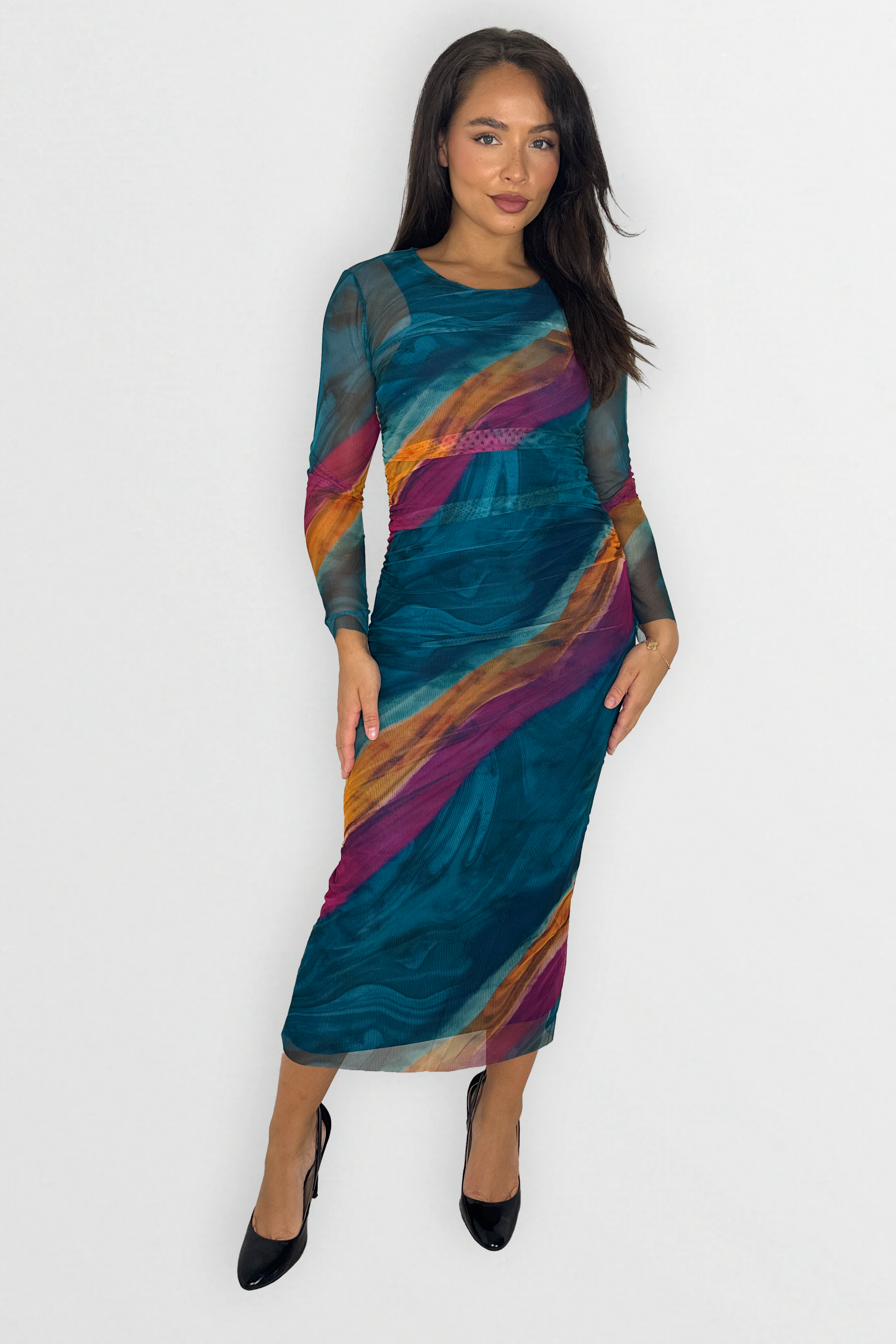 Multicolour  Tie Dye Ruched Mesh Long Dress