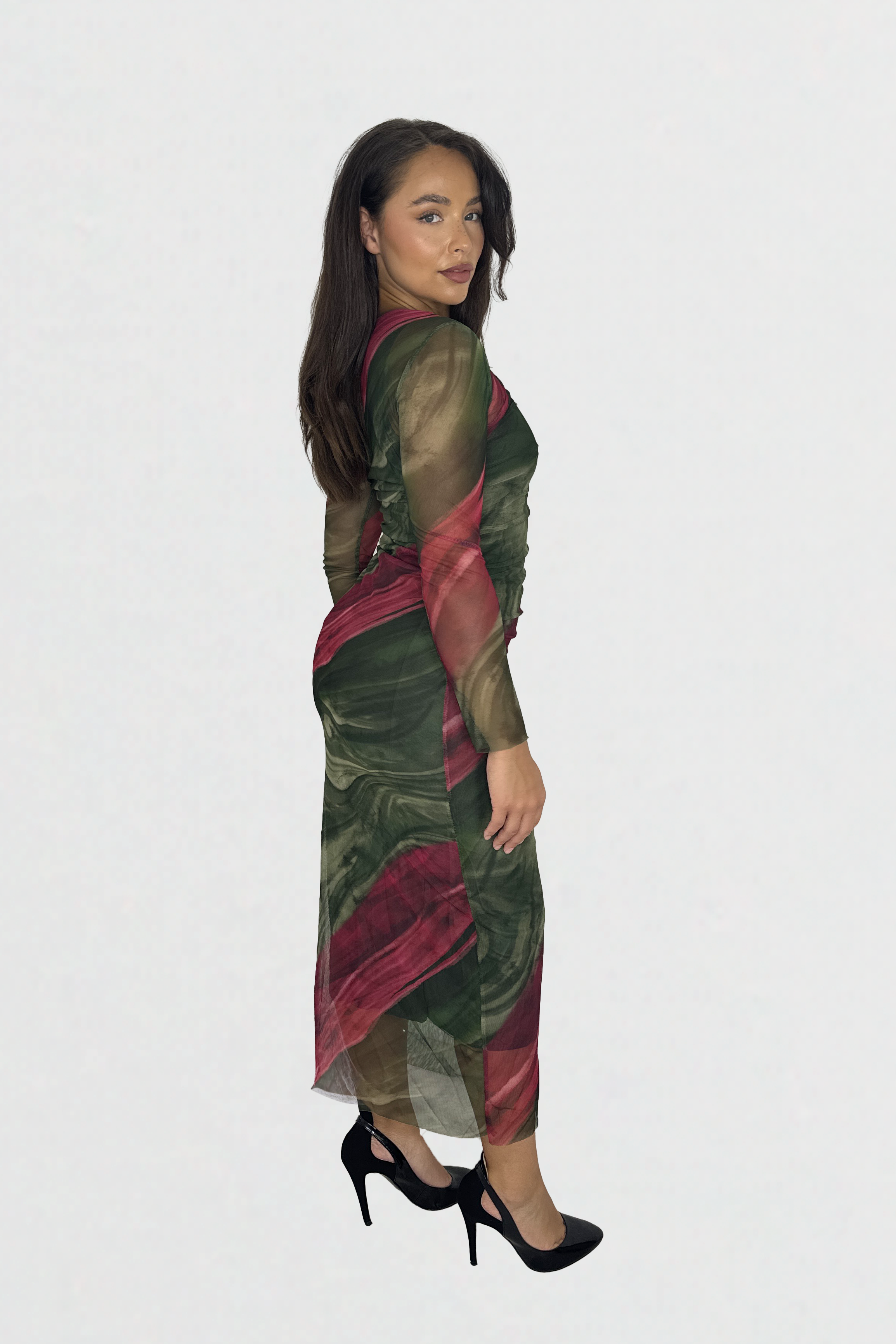 Multicolour  Tie Dye Ruched Mesh Long Dress