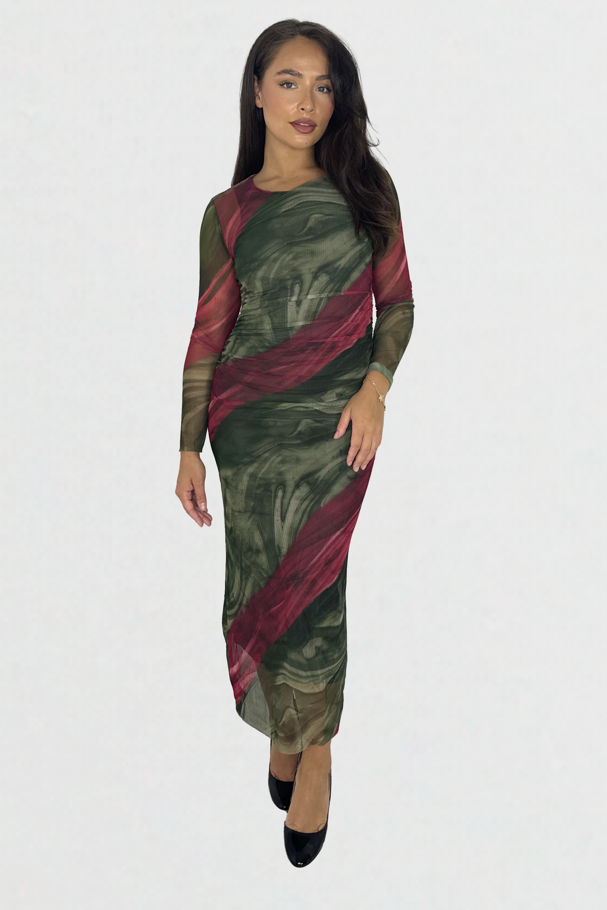 Multicolour  Tie Dye Ruched Mesh Long Dress