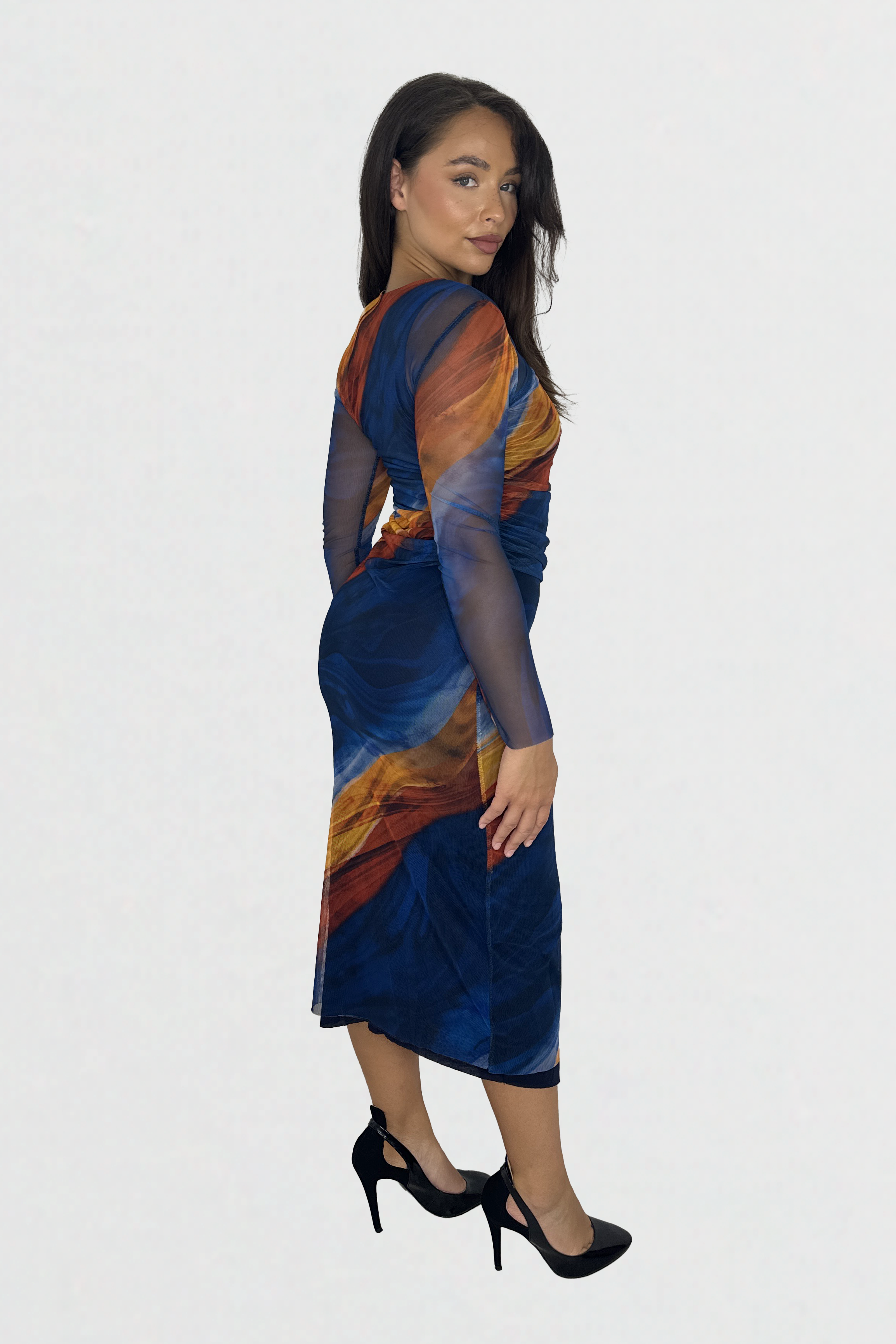 Multicolour  Tie Dye Ruched Mesh Long Dress