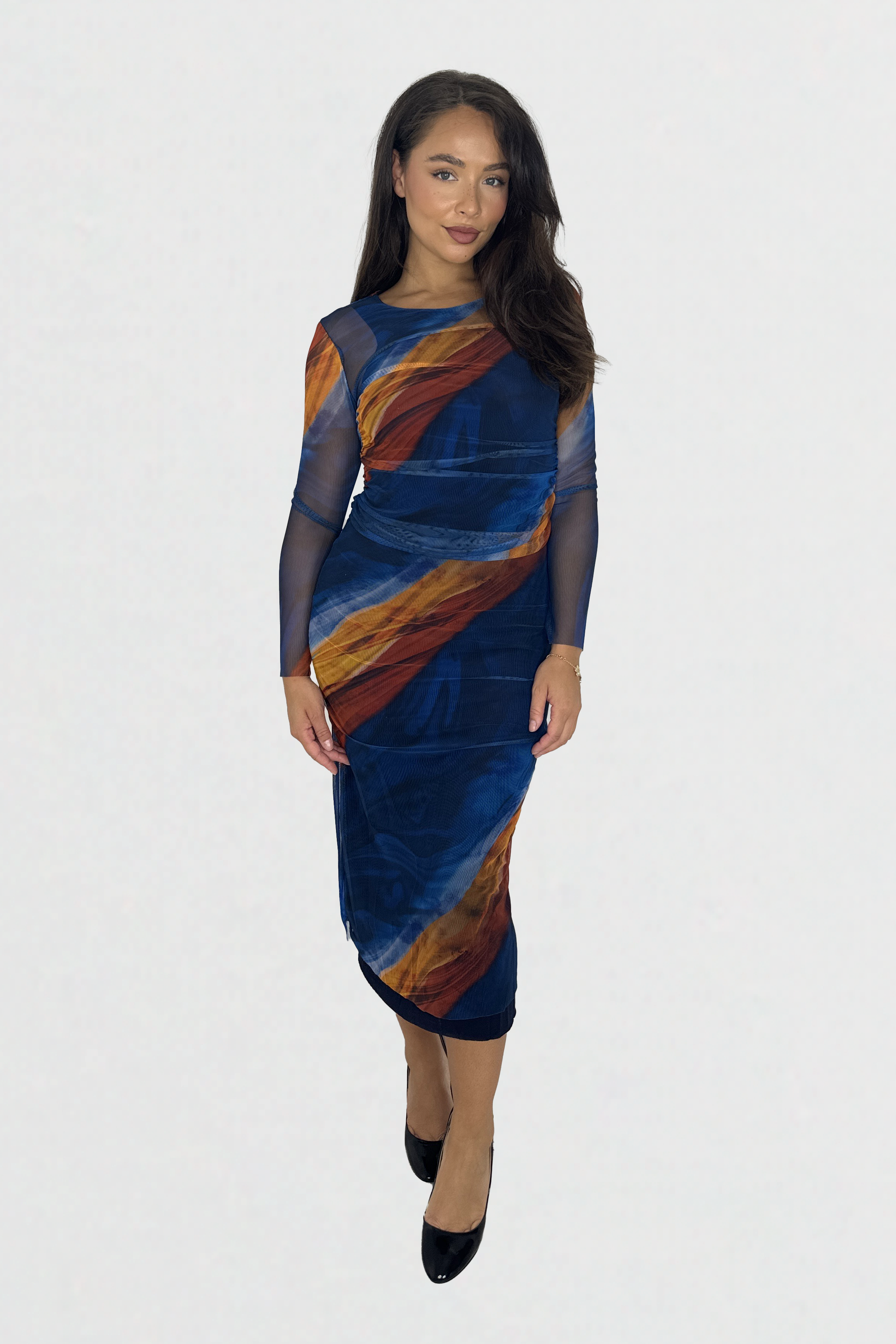 Multicolour  Tie Dye Ruched Mesh Long Dress