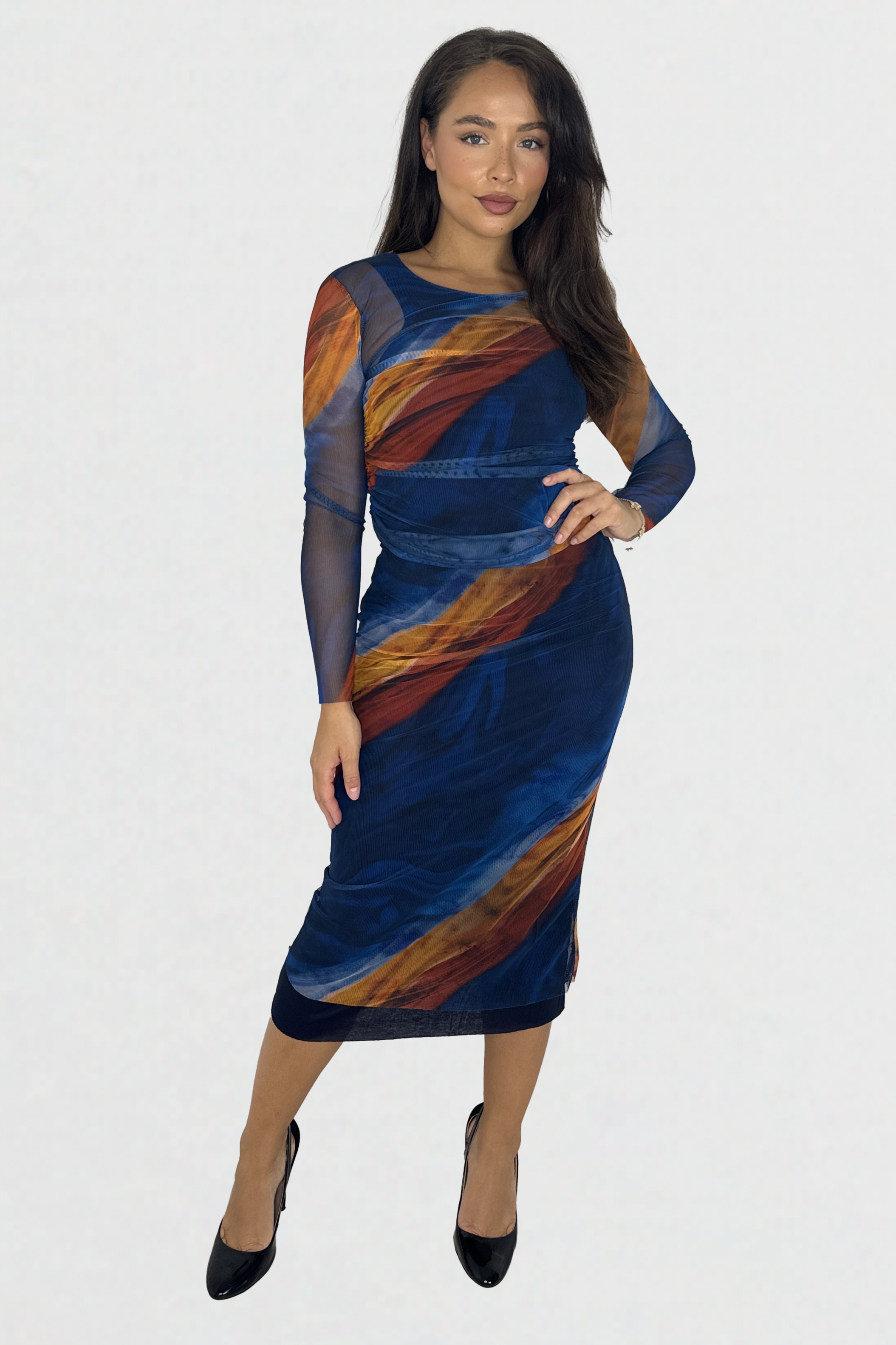 Multicolour  Tie Dye Ruched Mesh Long Dress