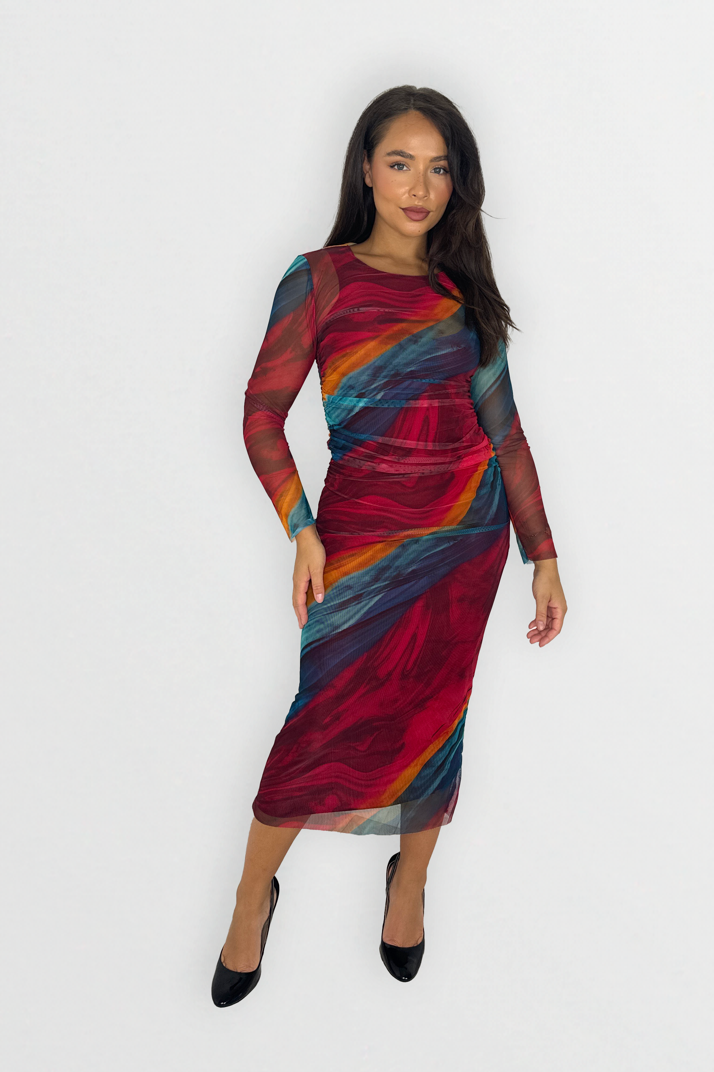 Multicolour  Tie Dye Ruched Mesh Long Dress