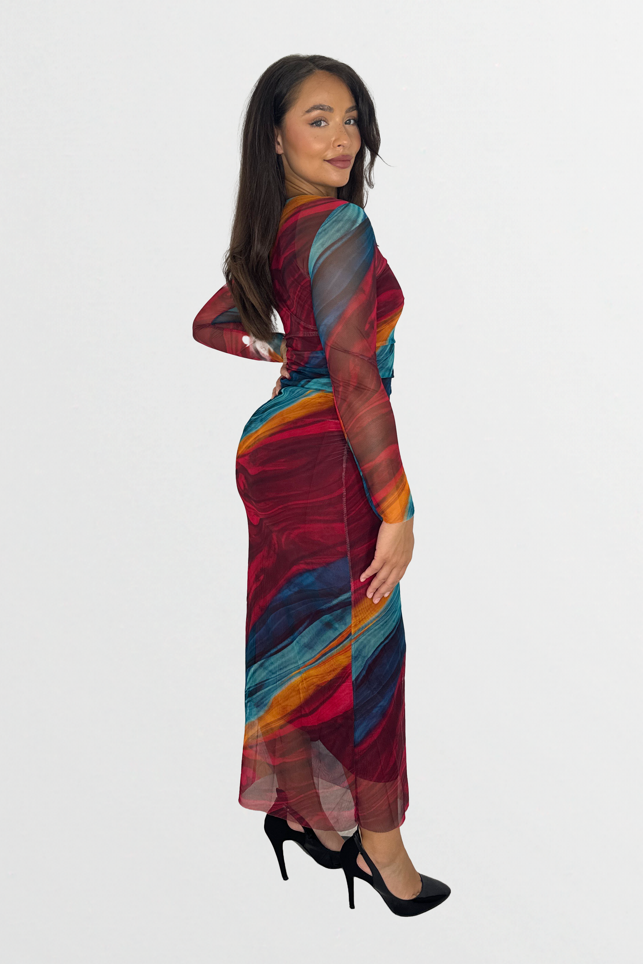 Multicolour  Tie Dye Ruched Mesh Long Dress