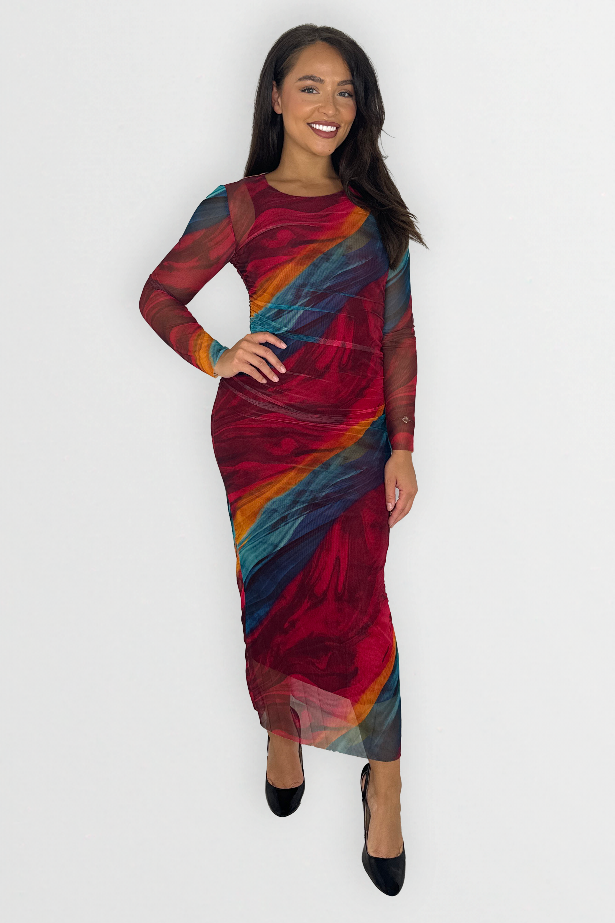 Multicolour  Tie Dye Ruched Mesh Long Dress