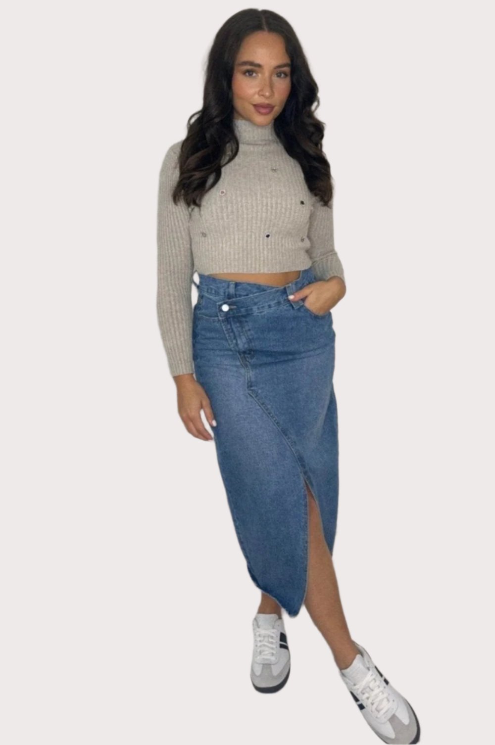 Asymmetric Front Slit Long Denim Blue Skirt