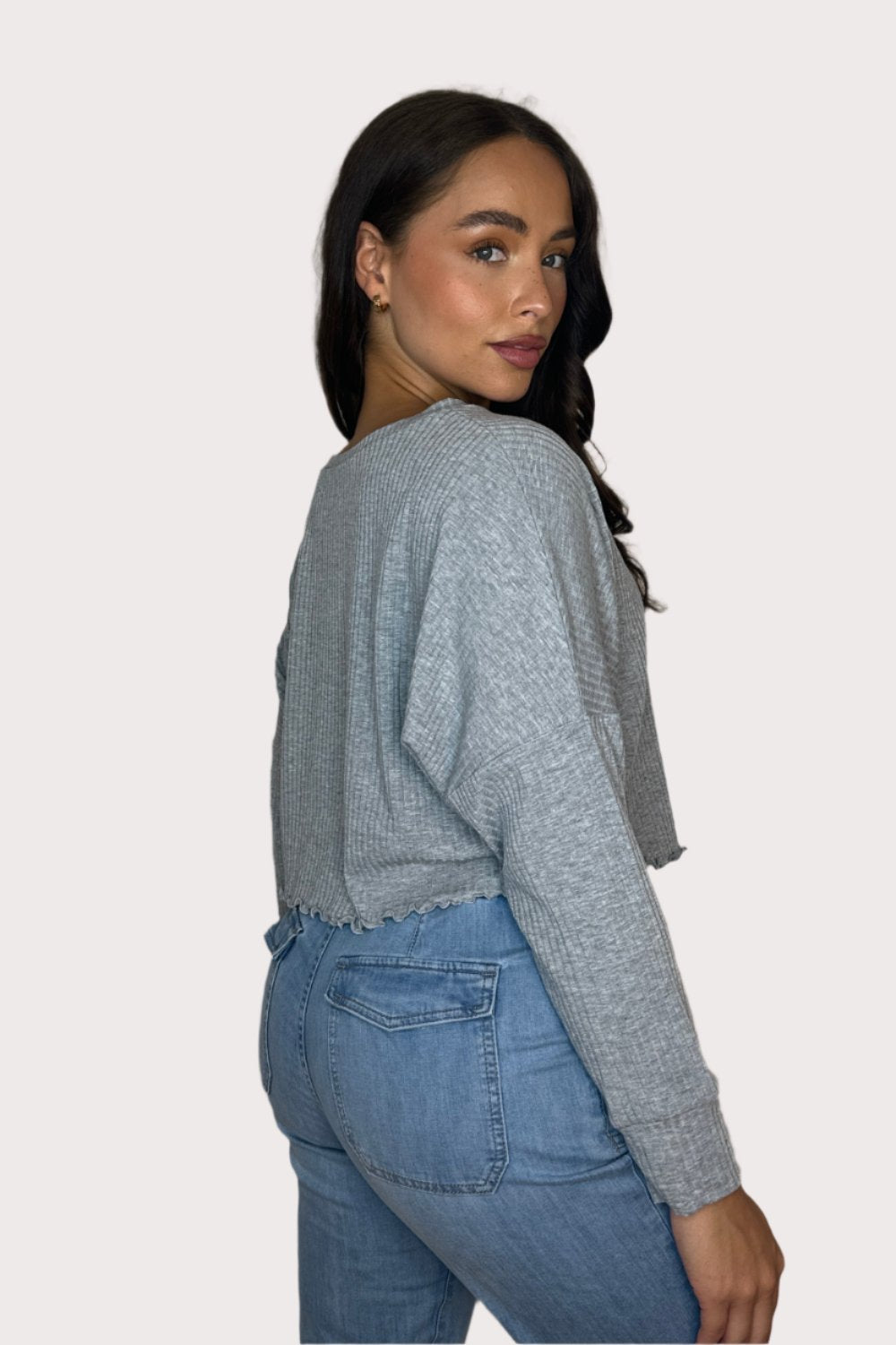 Grey Cropped Ribbed Pullover