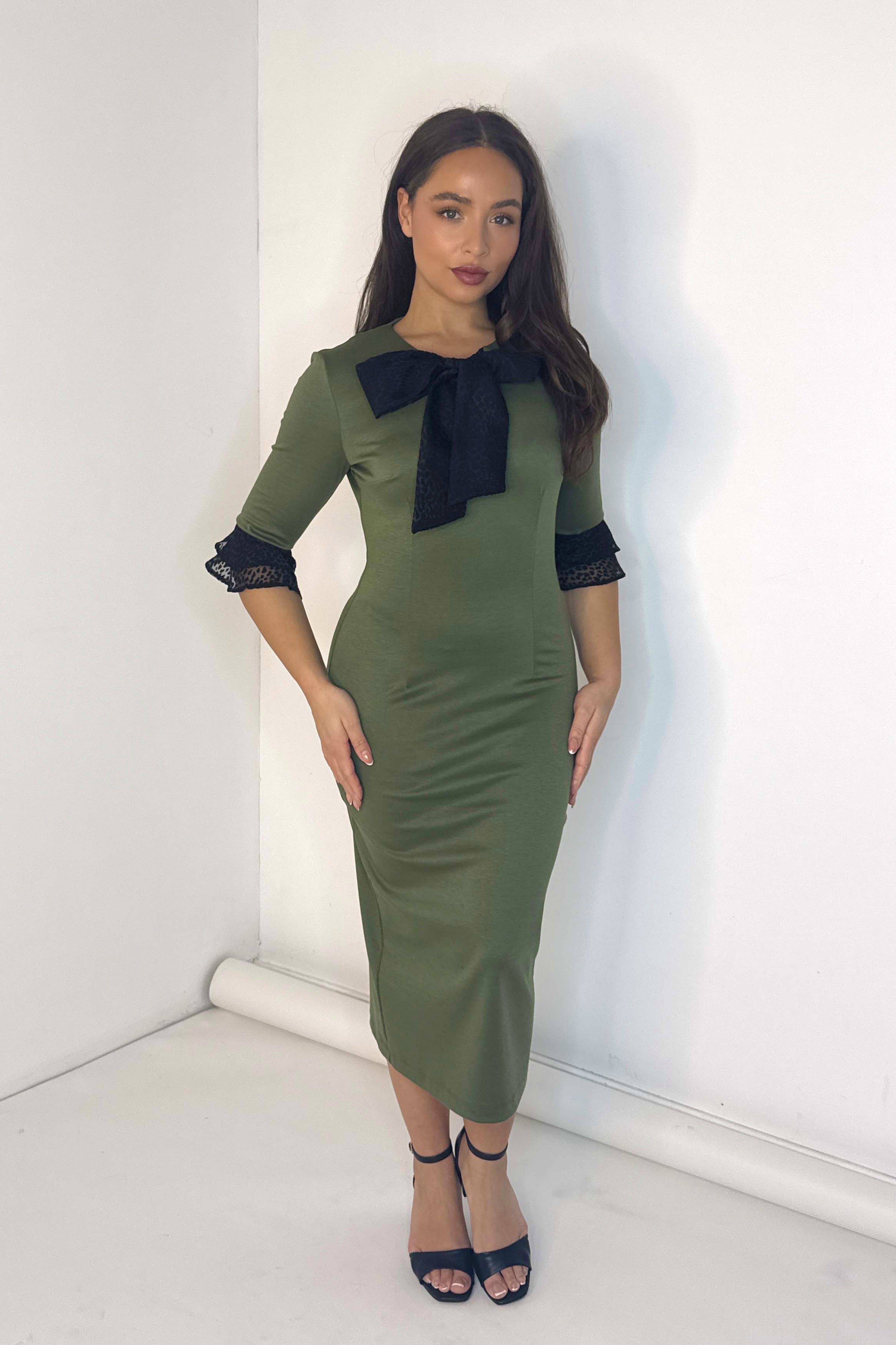 Frill ¾ Sleeve Bow Detail Elegant Midi Dress