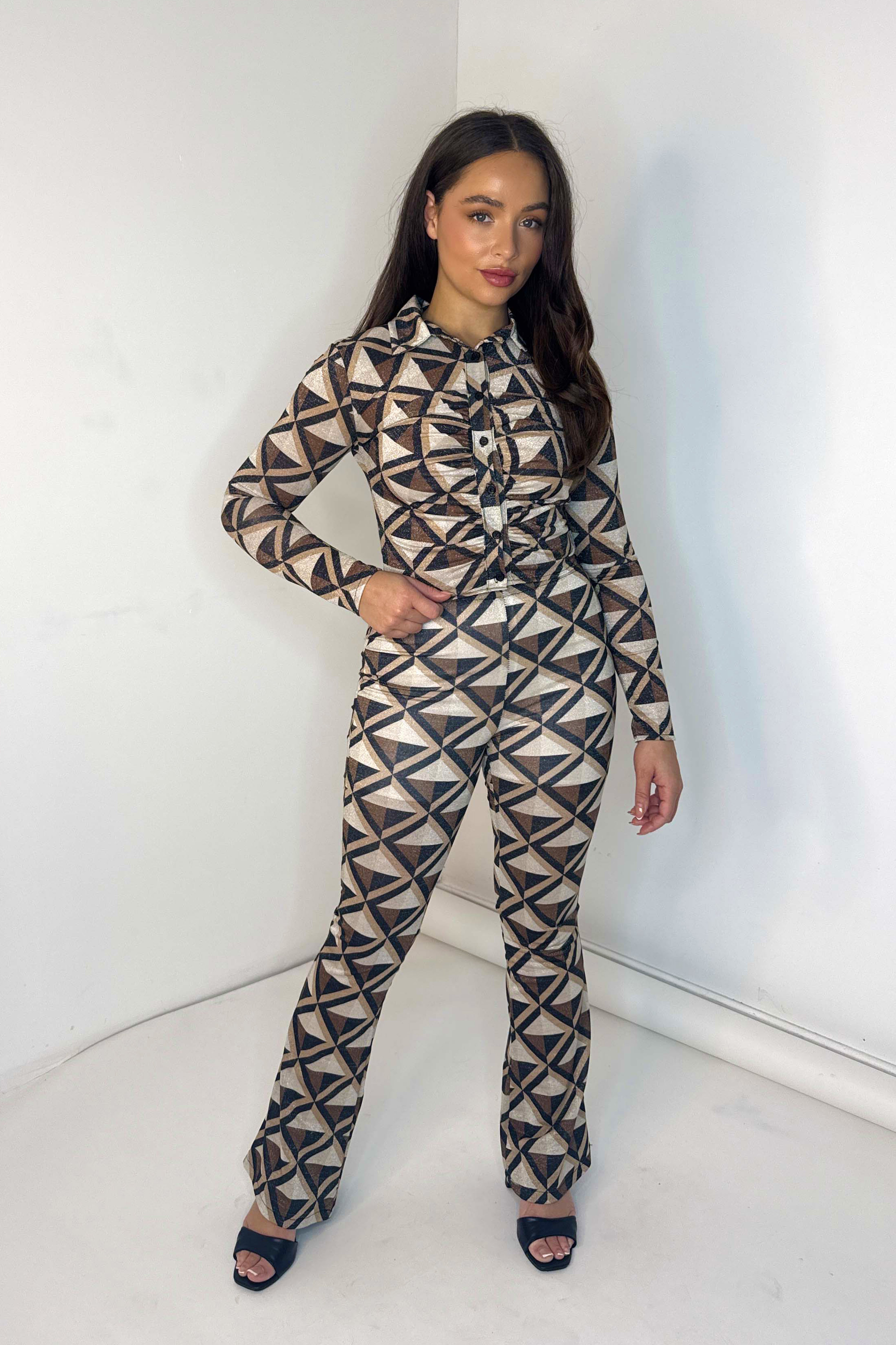 Geometric Print Ruched Top Flare Trousers Shimmer Coord Set