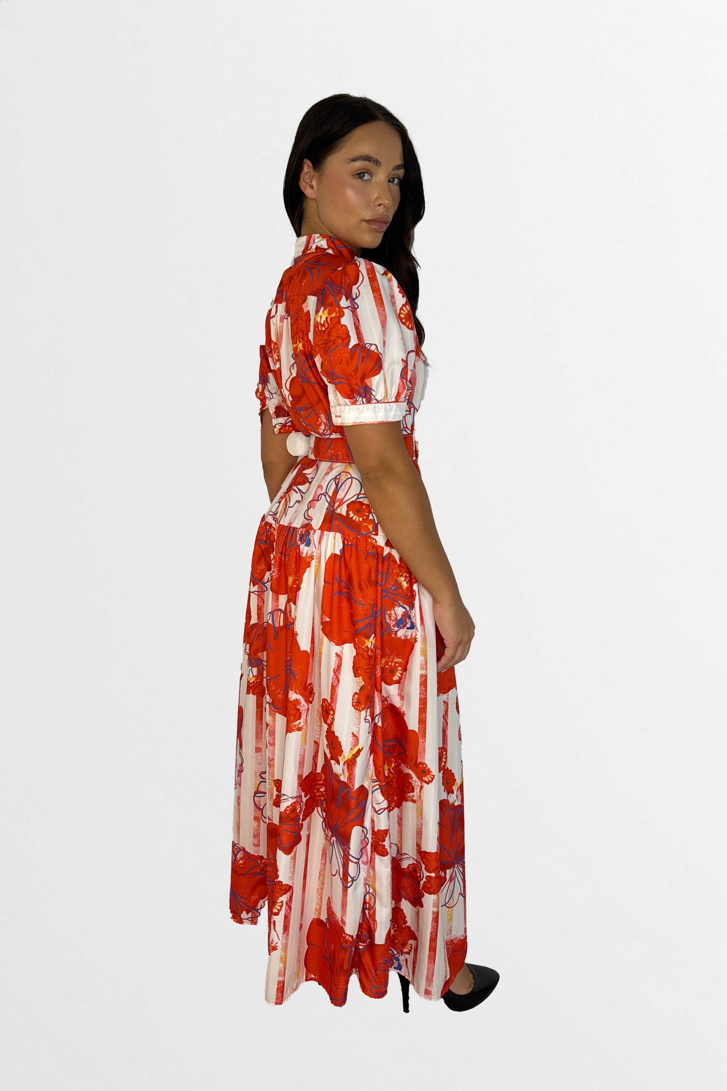 Floral Print Mock Neck Button Down Belted Maxi Dress