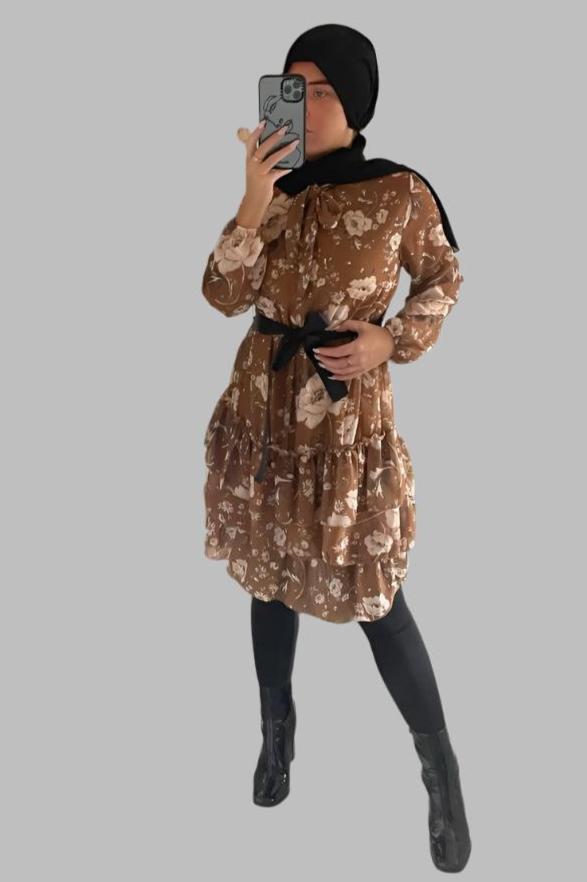 Floral Print Tiered Skirt Sash Belt Modest Dress-SinglePrice