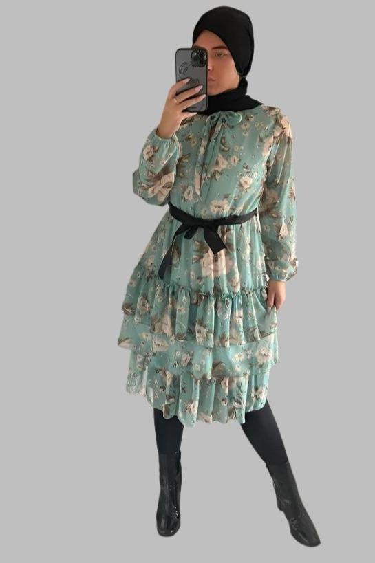 Floral Print Tiered Skirt Sash Belt Modest Dress-SinglePrice