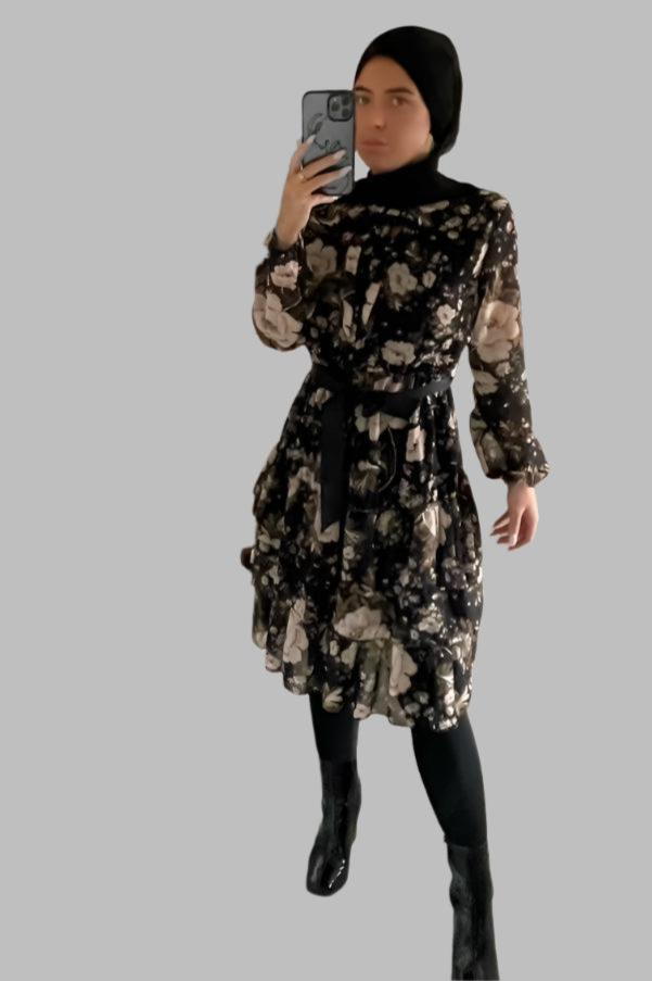 Floral Print Tiered Skirt Sash Belt Modest Dress-SinglePrice