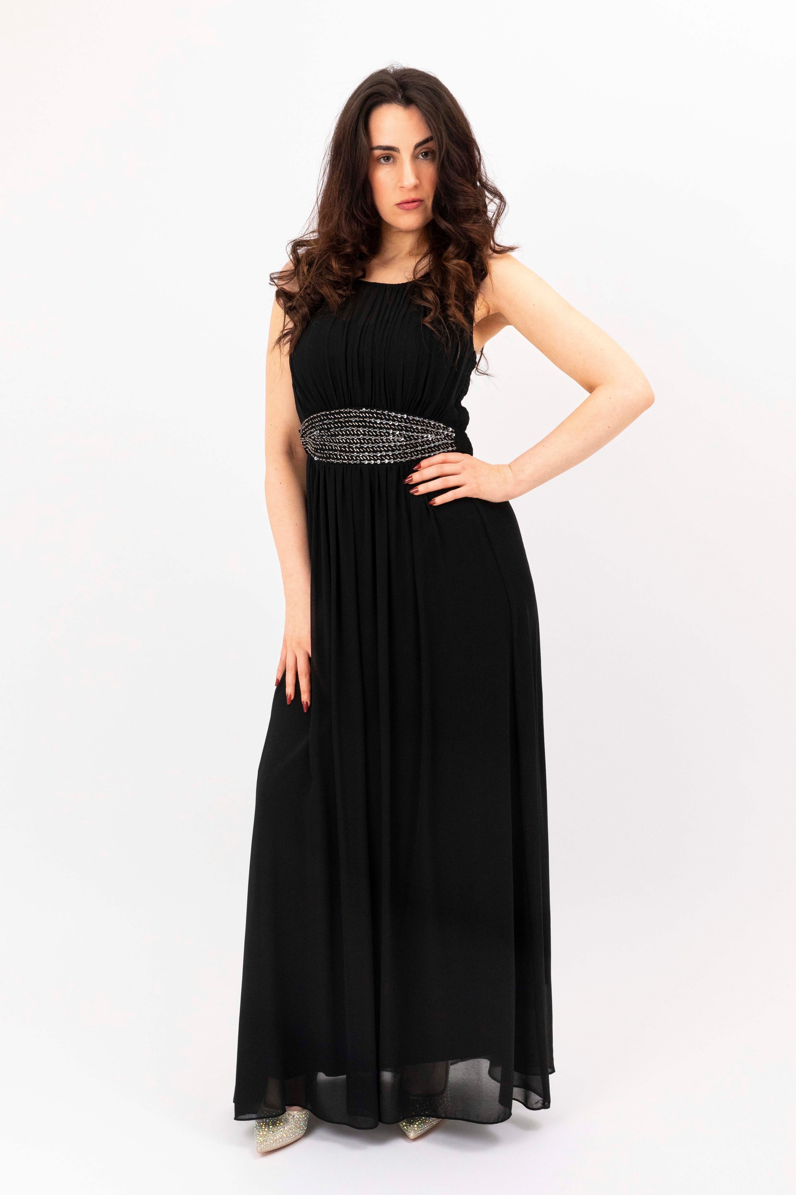 Elegant Encrusted Beaded Black Evening Maxi Dress