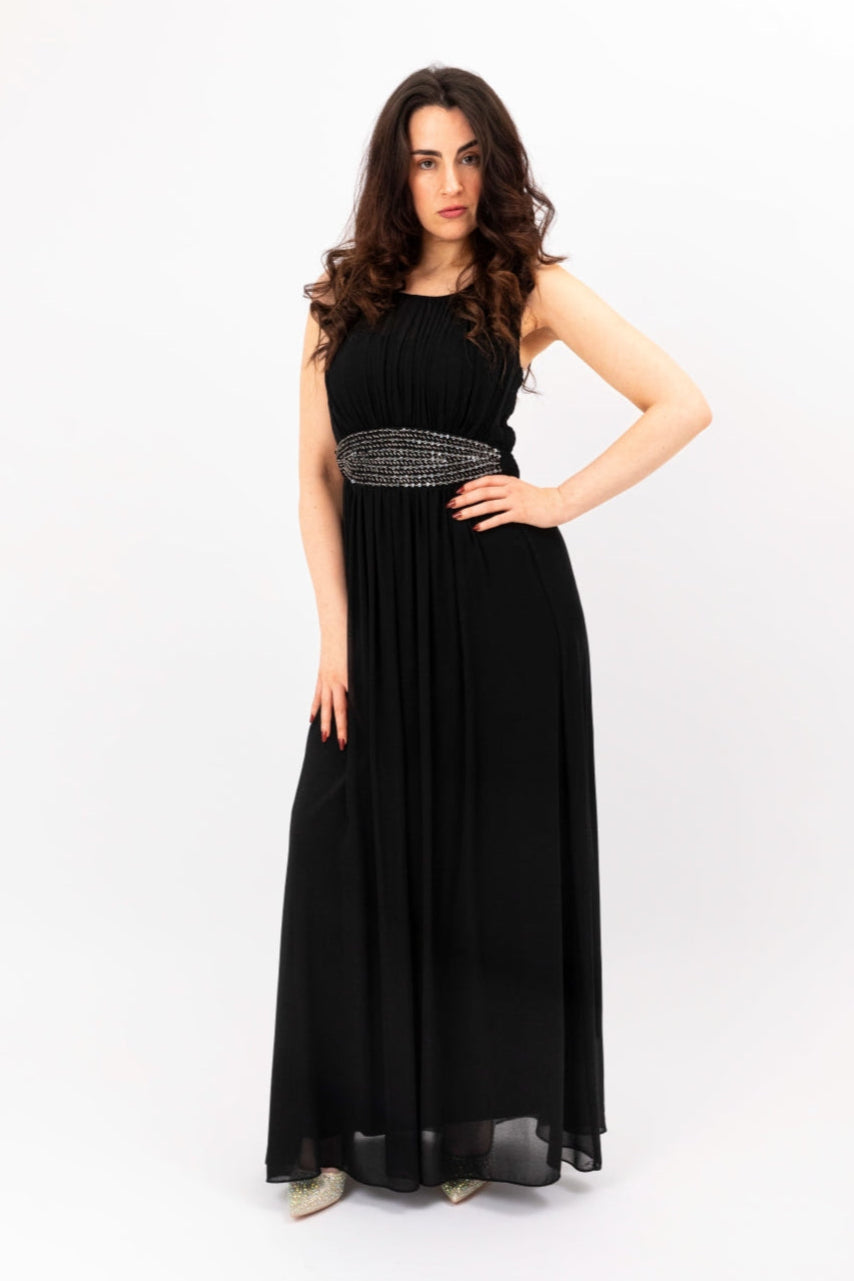 Elegant Encrusted Beaded Black Evening Maxi Dress