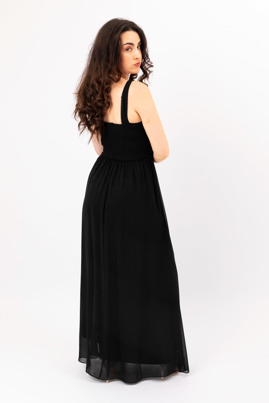 Elegant Encrusted Beaded Black Evening Maxi Dress